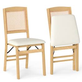 Gymax - Folding Dining Chairs Set of 2 w/Linen Padded Seat & Rattan Backrest for Kitchen Natural - Beige
