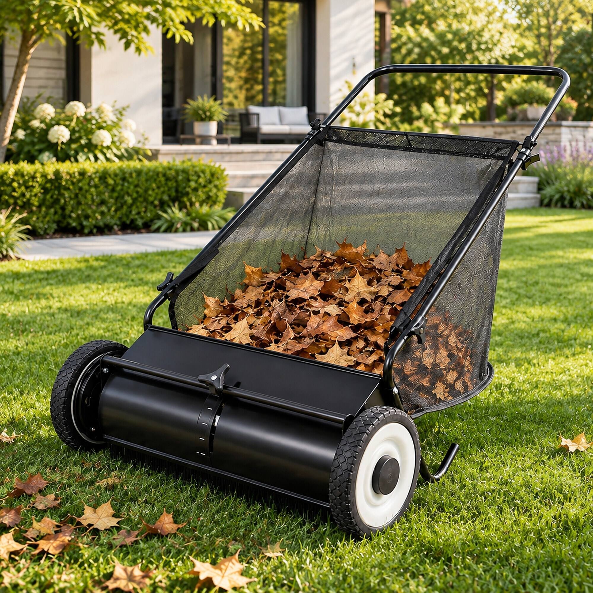 Left. RYHNUYNE - 26-Inch Push Lawn Sweeper, 7 Cu. Ft. - Black.