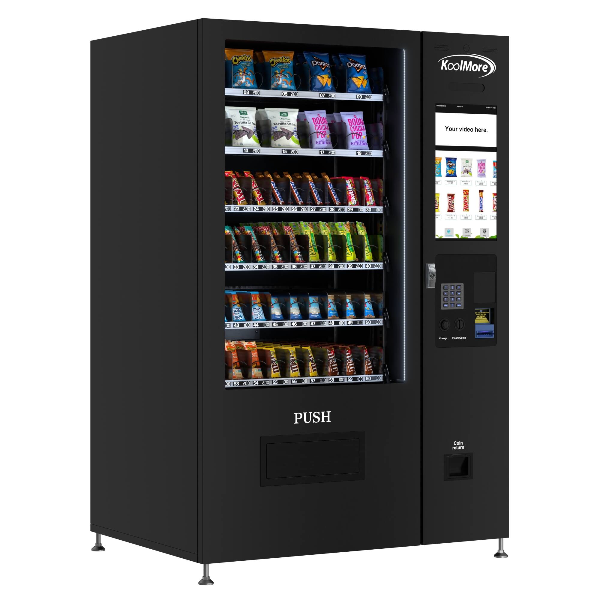 The image features a black vending machine with a display that says "KoolMore". The machine is filled with various snacks and drinks, including a selection of candy and chips. The machine is designed to be user-friendly, with a touch screen and a button labeled "Push". The machine offers a wide variety of options for customers to choose from, making it an appealing choice for those looking for a quick snack or beverage.