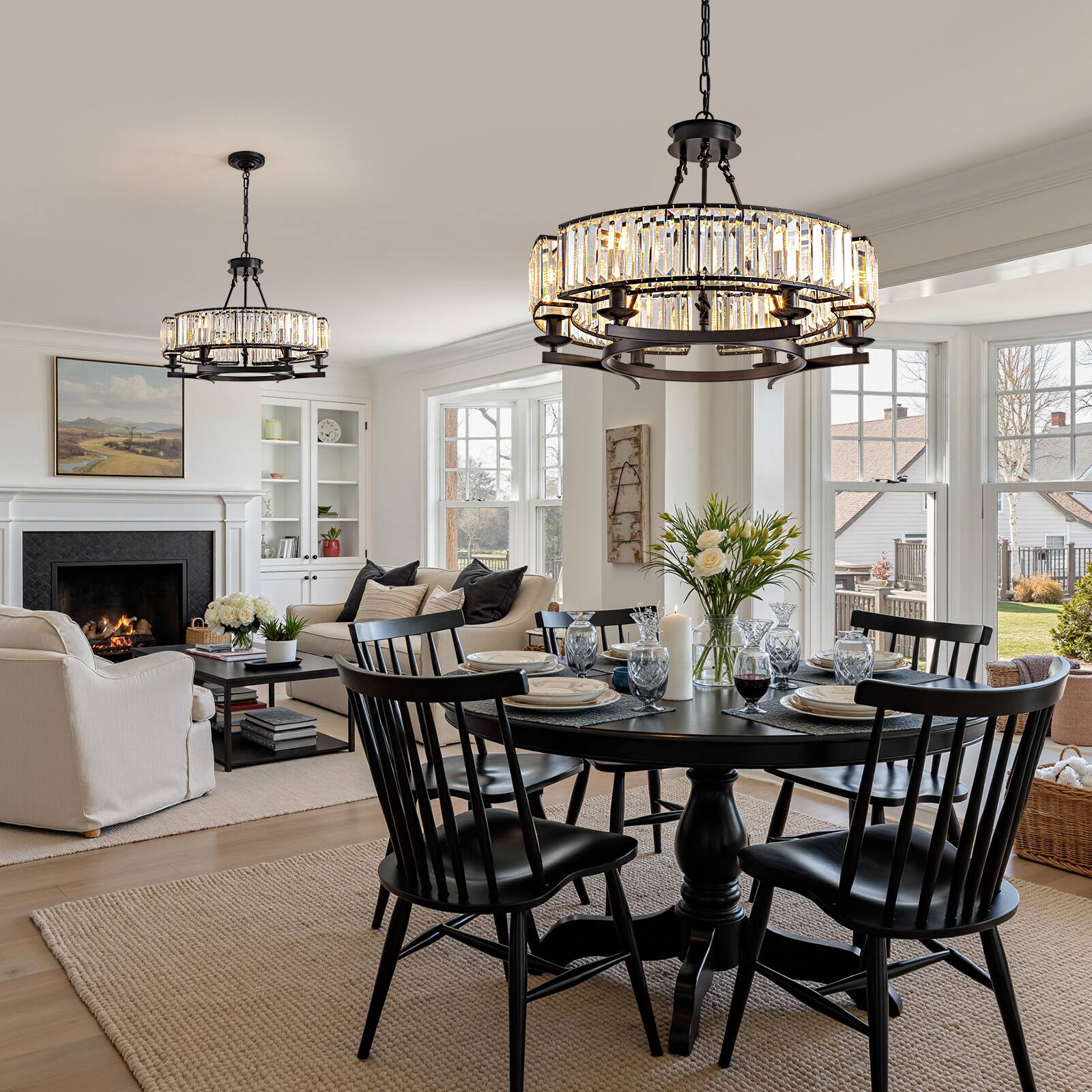 Alt View 1. Siljoy - 23.6" Black Farmhouse 6-Light Round Crystal Chandelier Adjustable Chain for Dining Room Kitchen Island Foyer - Black.