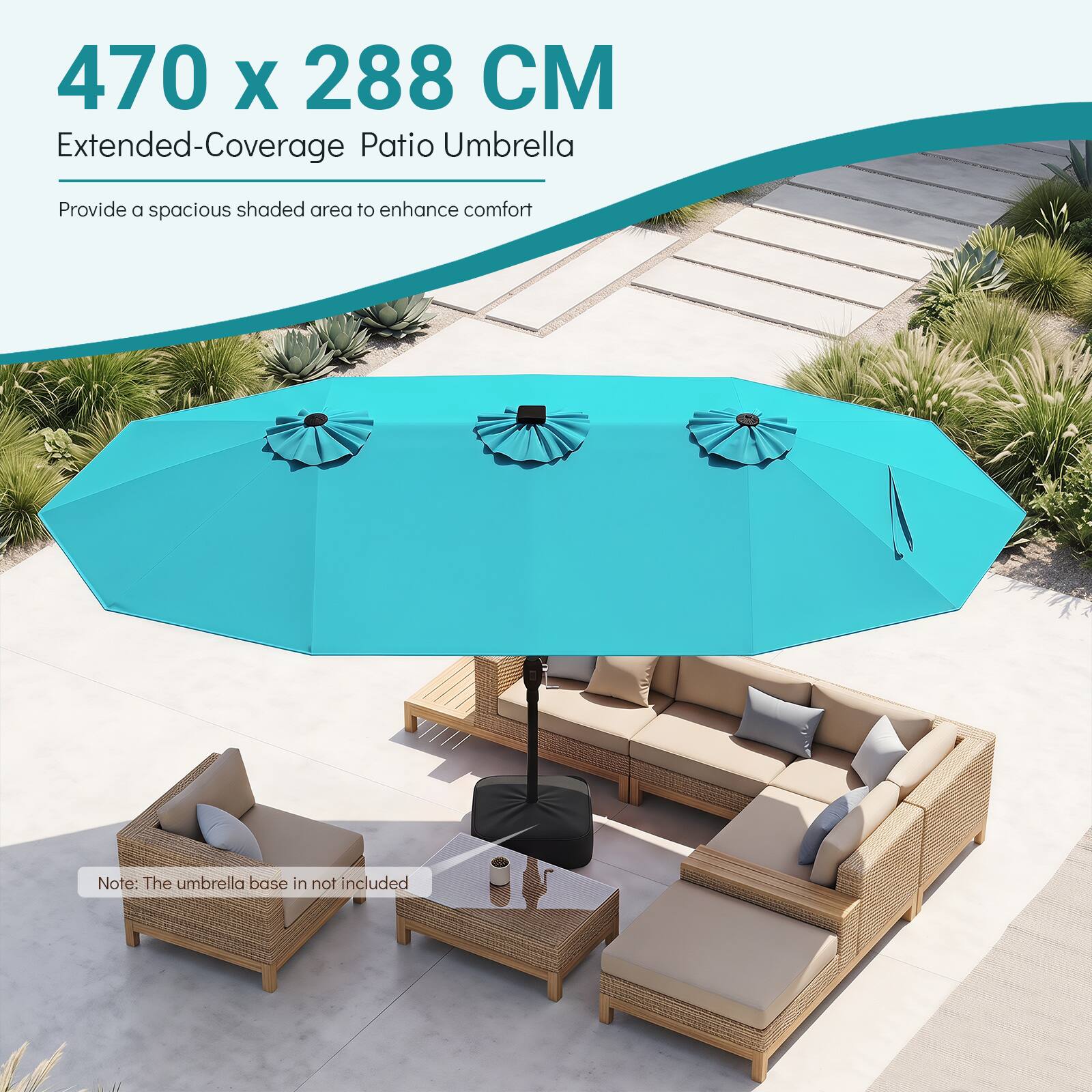 470 x 288 CM Extended-Coverage Patio Umbrella

Provide a spacious shaded area to enhance comfort

Note: The umbrella base is not included