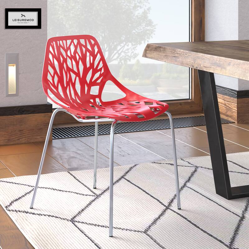 Angle. LeisureMod - Asbury Stackable Modern Dining Chair with Cut Out Design and Chrome Legs Side Chair for Home Living Room - Red.