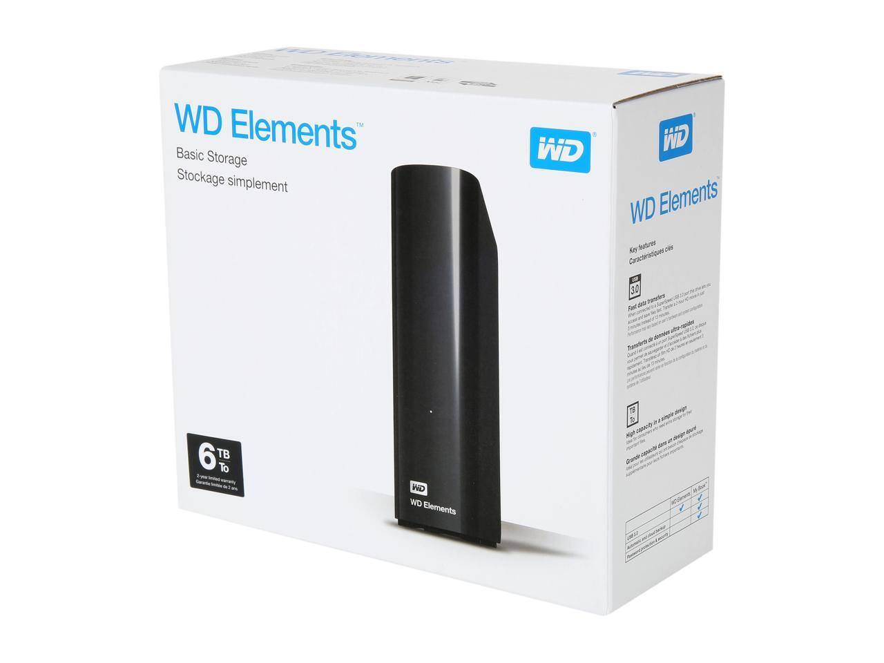 WD Elements  
Basic Storage  
Stockage simple  

6 TB  

Key Features  
Caractéristiques clés  

30 MB/s  
Fast data transfers  

1 Year Limited Warranty  
Garantie limitée de 1 an  

High-capacity in a simple design  
Grande capacité dans un design simple  

WD Elements