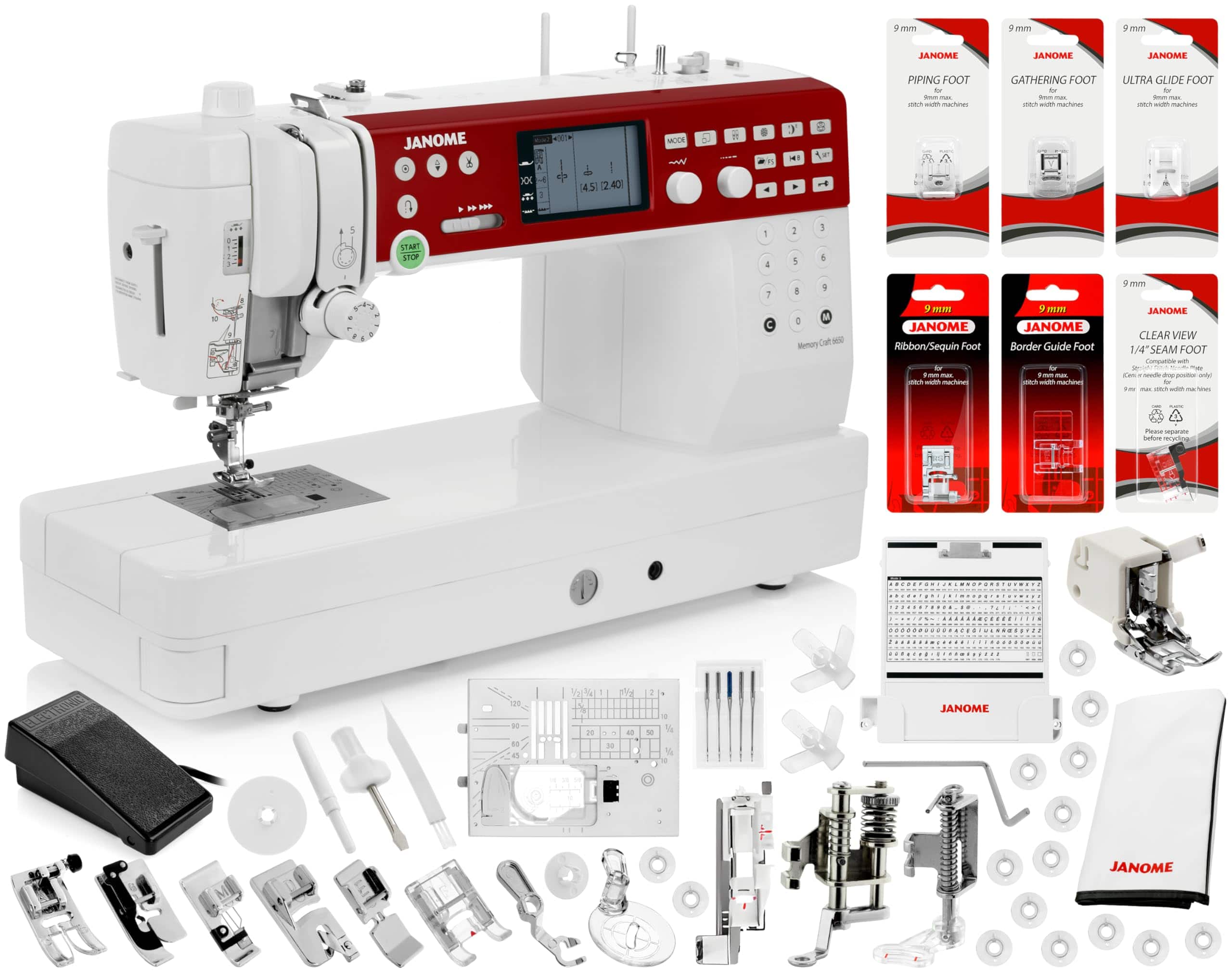Janome - Memory Craft 6650 Sewing Machine - Includes Even Feed Foot + Non-Stick Foot + Clear View 1/4" Foot + More - White/Red