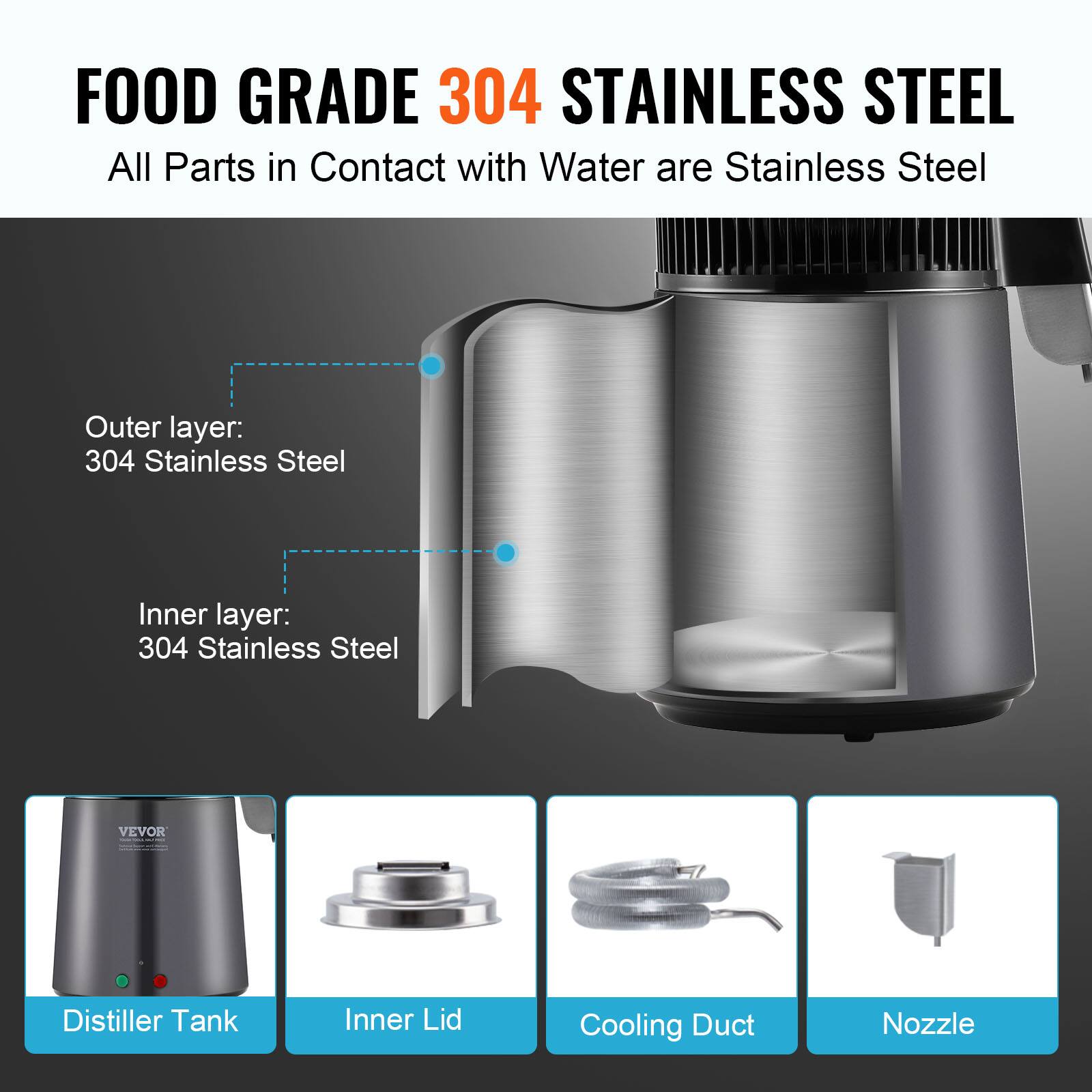 FOOD GRADE 304 STAINLESS STEEL  
All Parts in Contact with Water are Stainless Steel  

Outer layer: 304 Stainless Steel  
Inner layer: 304 Stainless Steel  

- Distiller Tank  
- Inner Lid  
- Cooling Duct  
- Nozzle