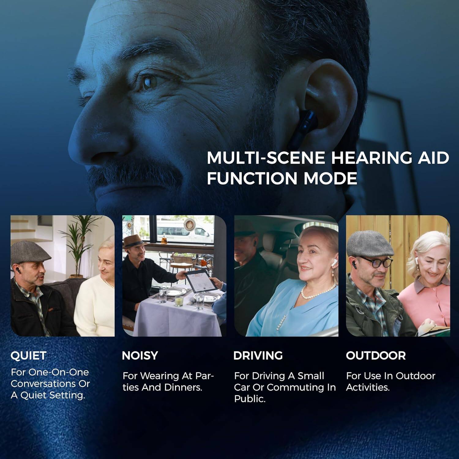 MULTI-SCENE HEARING AID FUNCTION MODE:

QUIET: For One-On-One Conversations Or A Quiet Setting.
NOISY: For Wearing At Parties And Dinners.
DRIVING: For Driving A Small Car Or Commuting In Outdoor Activities.
OUTDOOR: For Use In Outdoor Activities.

The text on the image is grouped and corrected.