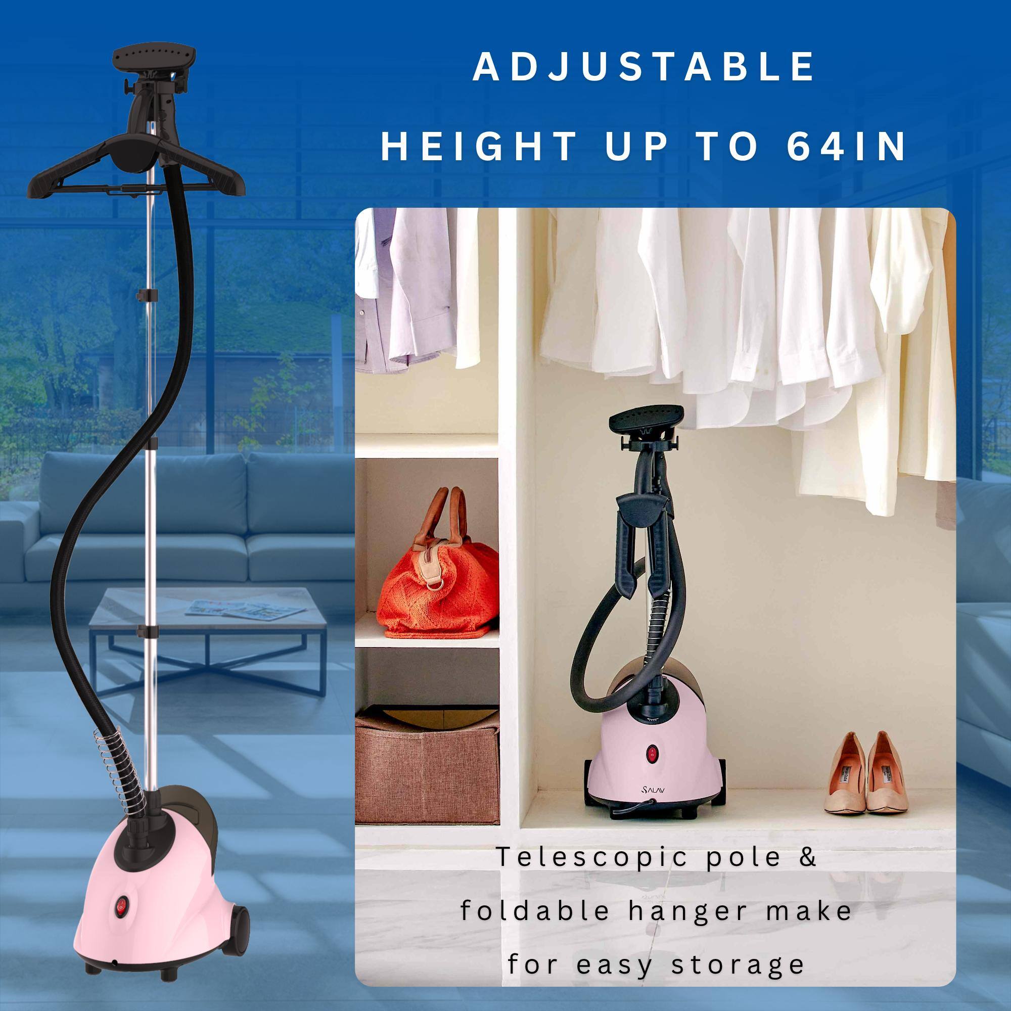 Adjustable height up to 64 inches. Telescopic pole & foldable hanger make for easy storage.