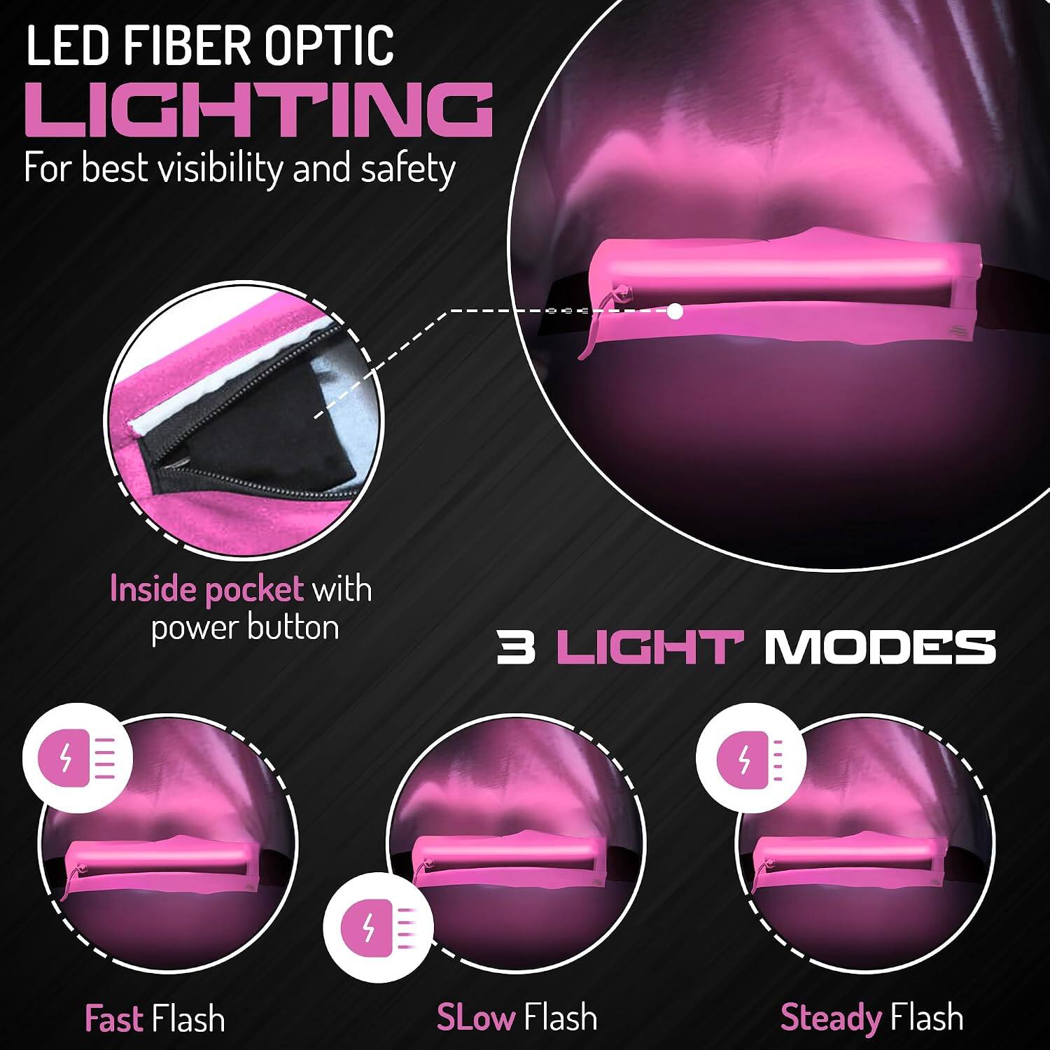 LED FIBER OPTIC LIGHTING  
For best visibility and safety  

Inside pocket with power button  

3 LIGHT MODES  
- Fast Flash  
- Slow Flash  
- Steady Flash