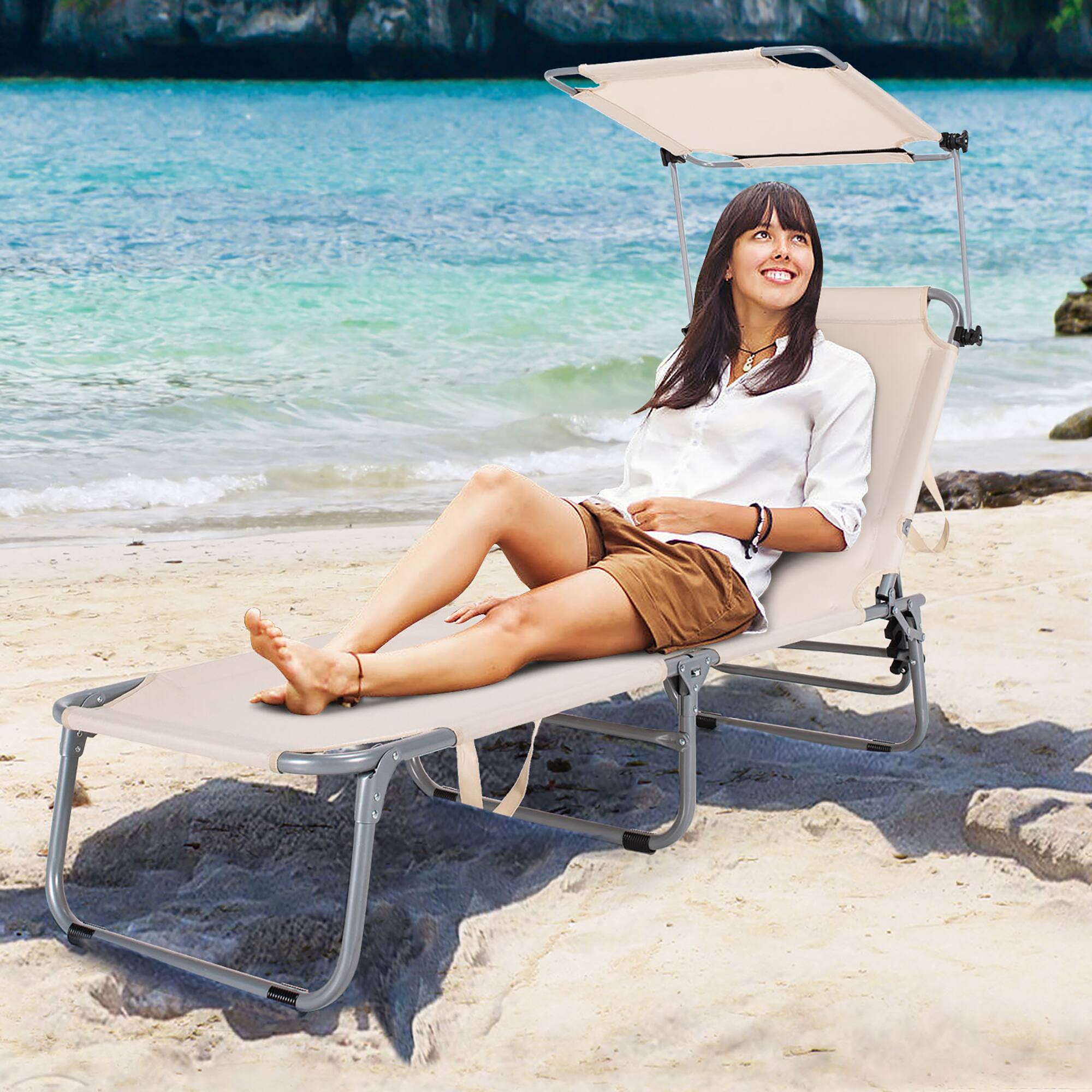 Alt View 2. Costway - Costway Foldable Lounge Chair Adjustable Outdoor Beach Patio Pool Recliner with Sun Shade - Beige.