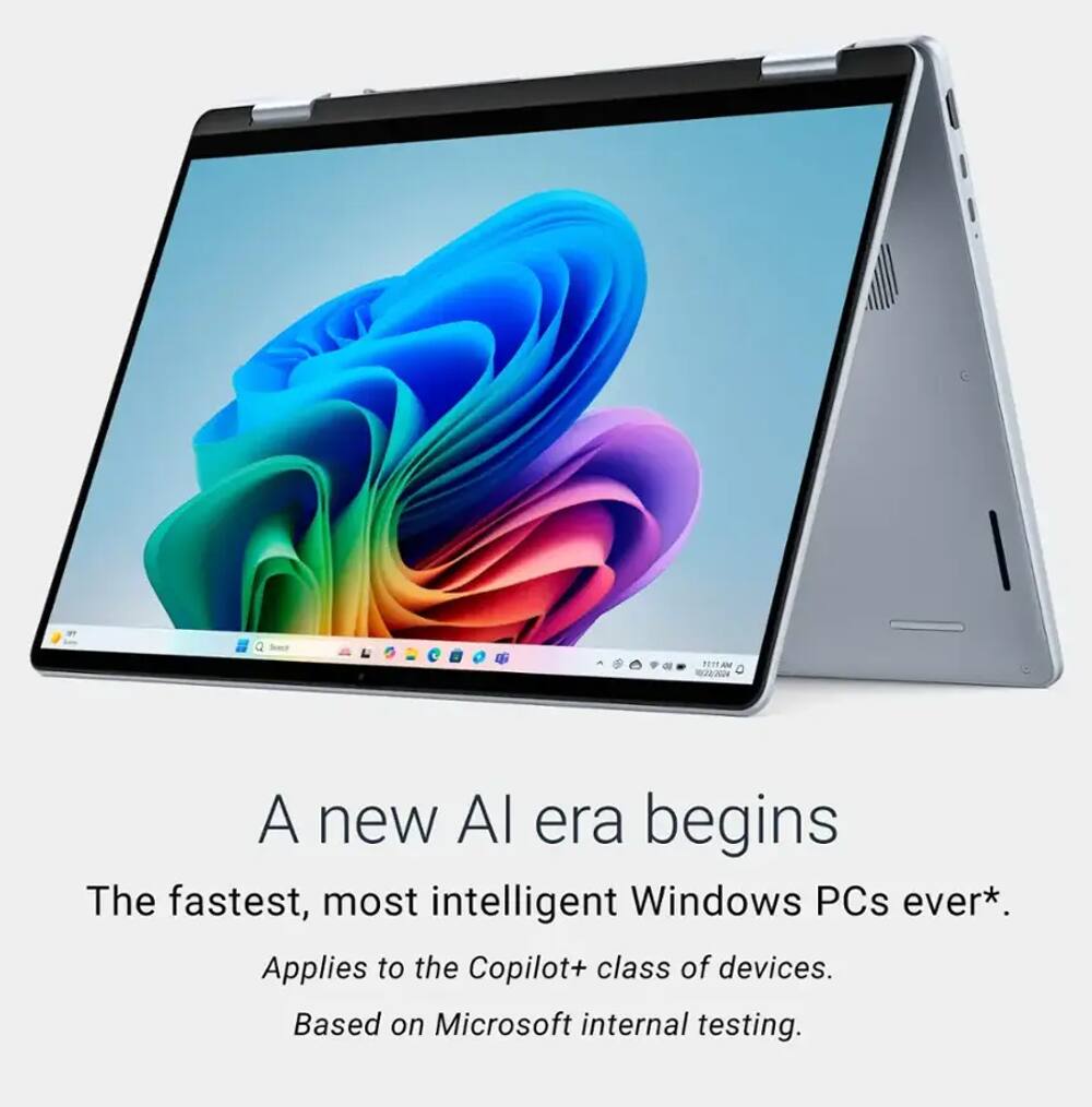 A new AI era begins  
The fastest, most intelligent Windows PCs ever*.  
Applies to the Copilot+ class of devices.  
Based on Microsoft internal testing.