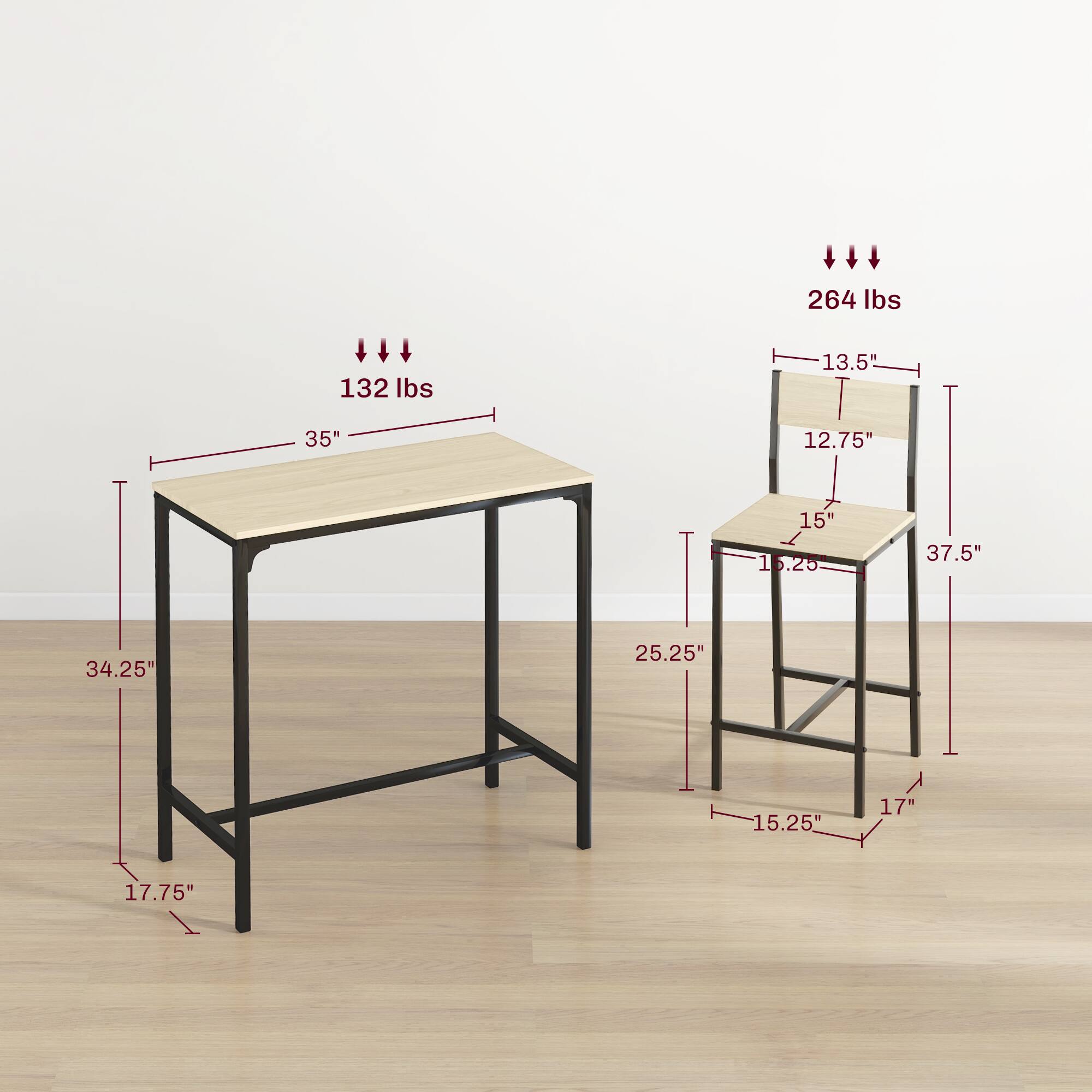 Table: 132 lbs, 35", 34.25", 17.75", 25.25"

Chair: 264 lbs, 13.5", 12.75", 15", 37.5", 15.25", 17"