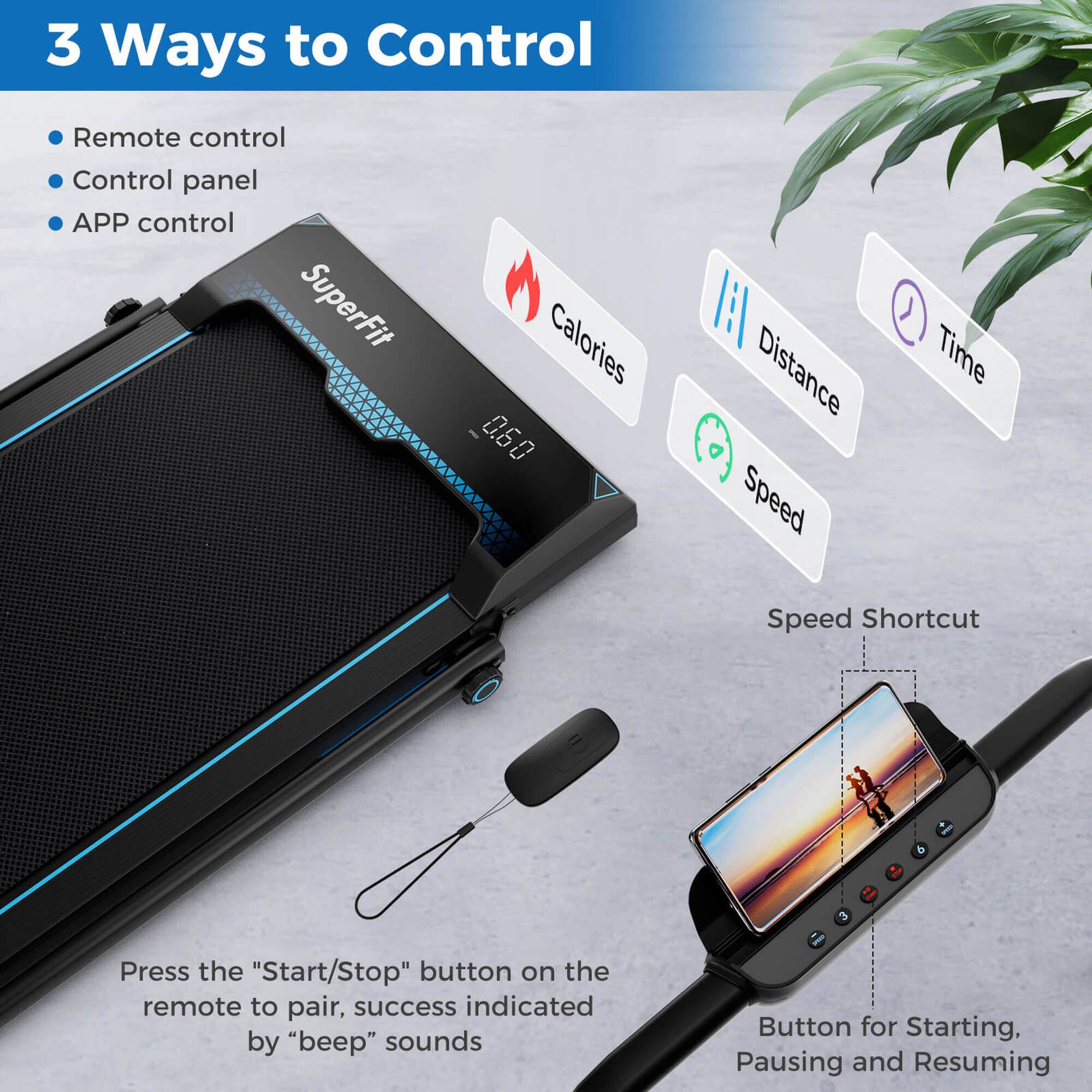 3 Ways to Control

- Remote control
- Control panel
- APP control

Press the "Start/Stop" button on the remote to pair, success indicated by "beep" sounds

Calories 0.60

Distance

Time

Speed

Speed Shortcut

Button for Starting, Pausing and Resuming