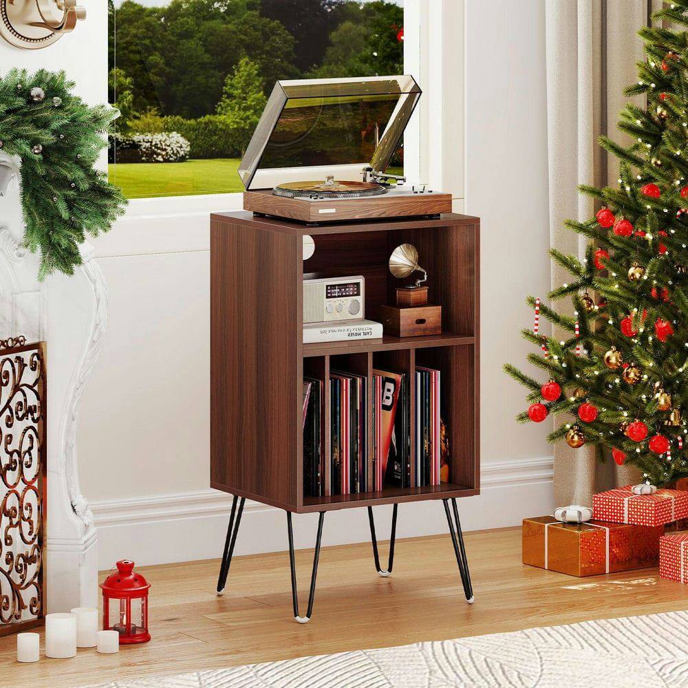 Alt View 4. Kadyn - Record Player Stand with Charging Station and Vinyl Storage Compartment, Walnut - Brown.