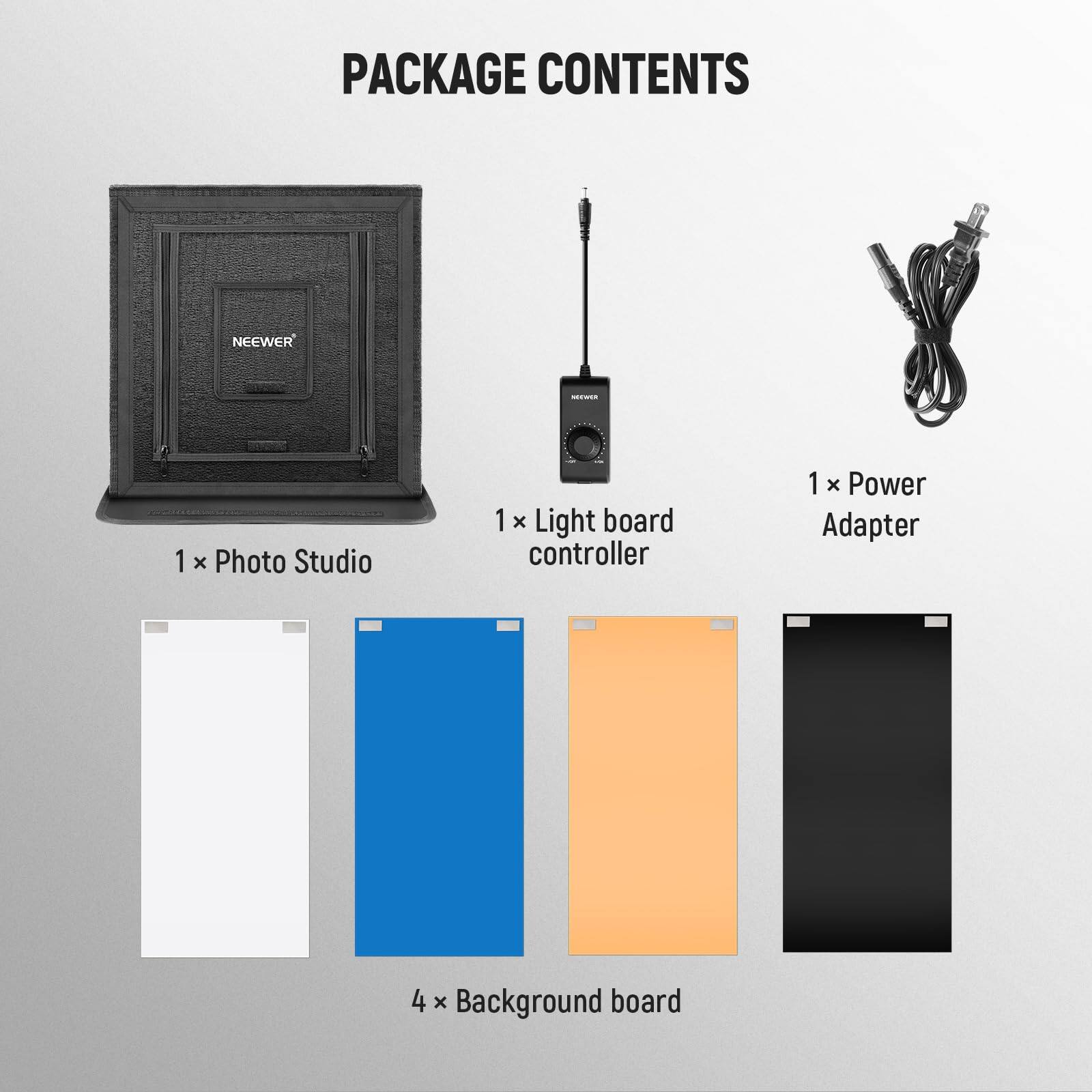 PACKAGE CONTENTS

1 x Photo Studio  
1 x Light board controller  
1 x Power Adapter  
4 x Background board