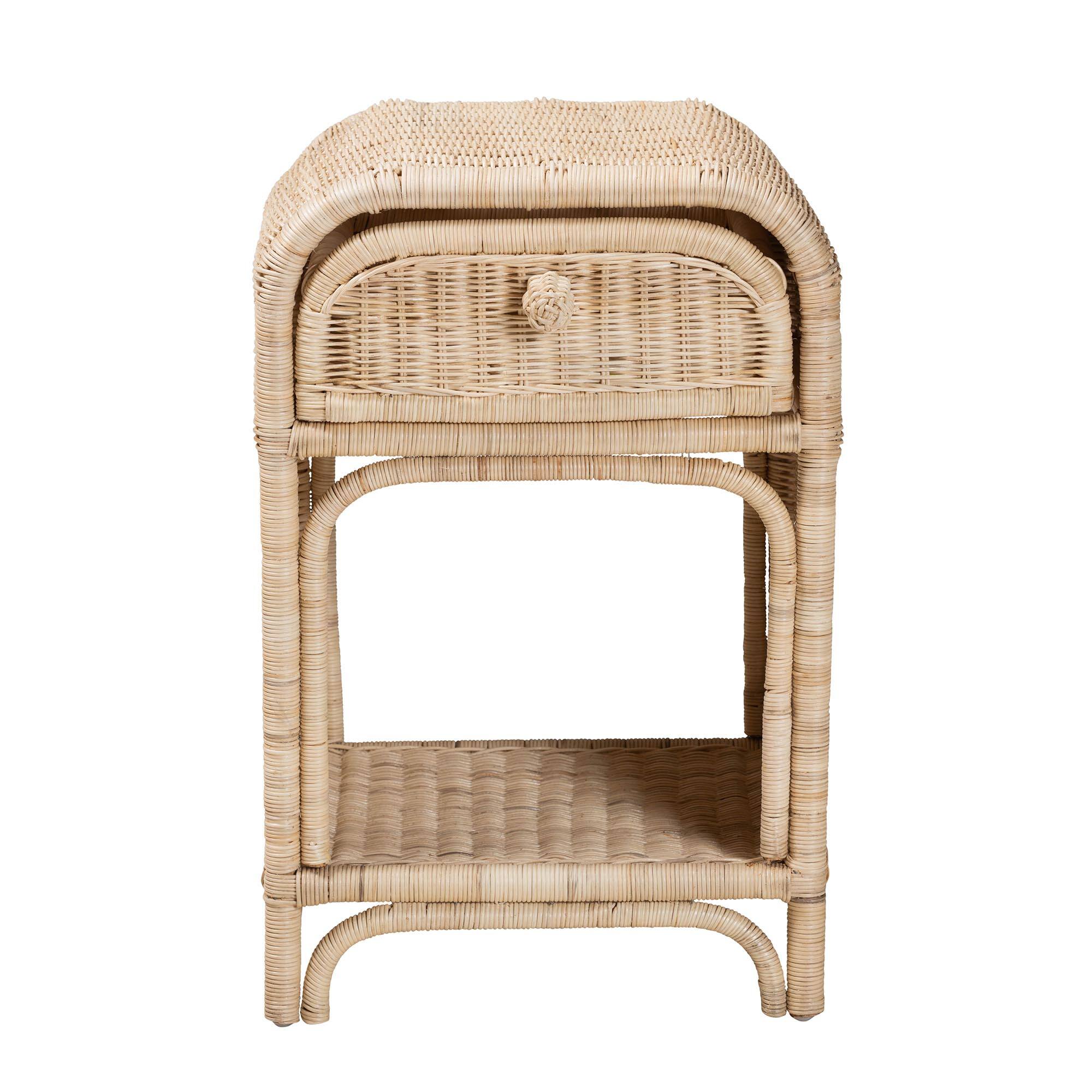 Left. bali & pari - Magni Modern Bohemian Rattan 1-Drawer Nightstand - Natural Brown.