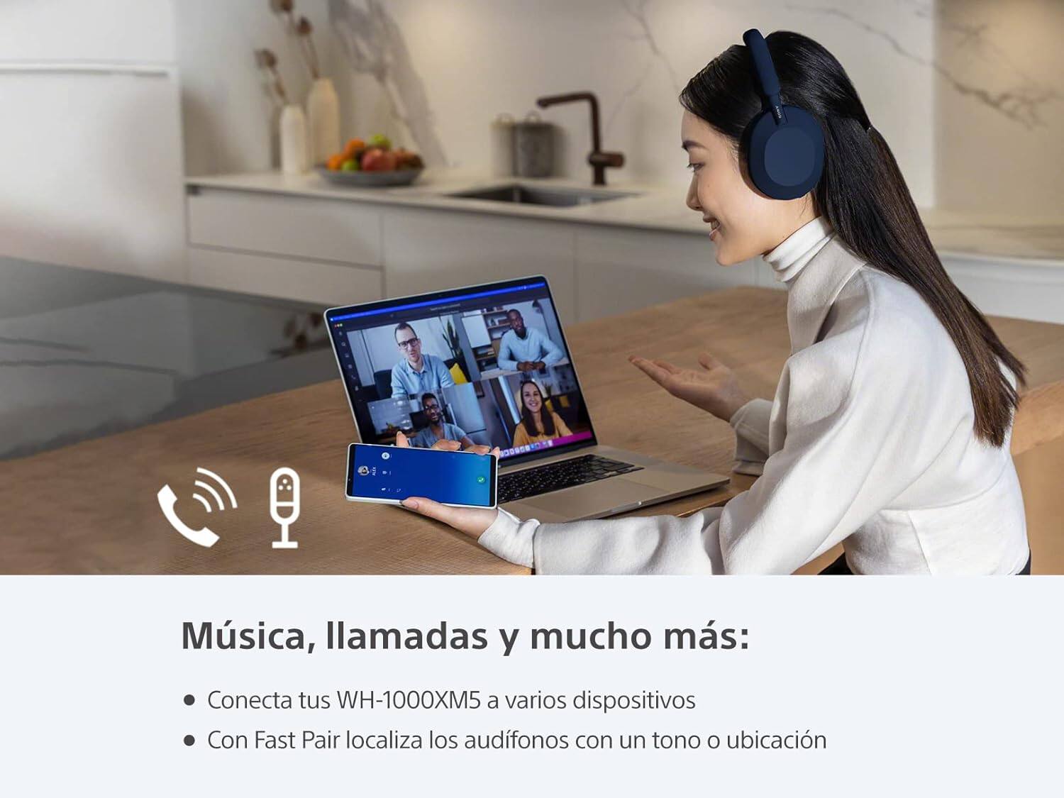 Música, llamadas y mucho más:

- Conecta tus WH-1000XM5 a varios dispositivos
- Con Fast Pair localiza los audífonos con un tono o ubicación