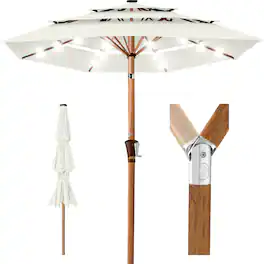 Best Choice Products - Woodgrain Pattern 10ft 3-Tier Solar Patio Umbrella w/ 24 LED Lights, Tilt - Ivory