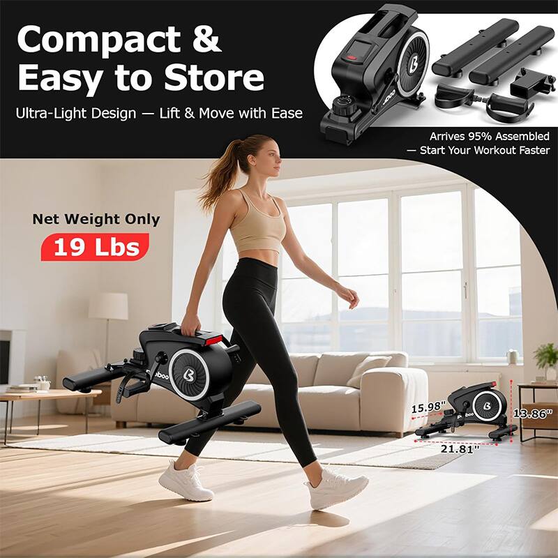 Compact & Easy to Store  
Ultra-Light Design - Lift & Move with Ease  
Arrives 95% Assembled | Start Your Workout Faster  
Net Weight Only 19 Lbs  
15.98" x 13.86" x 21.81"