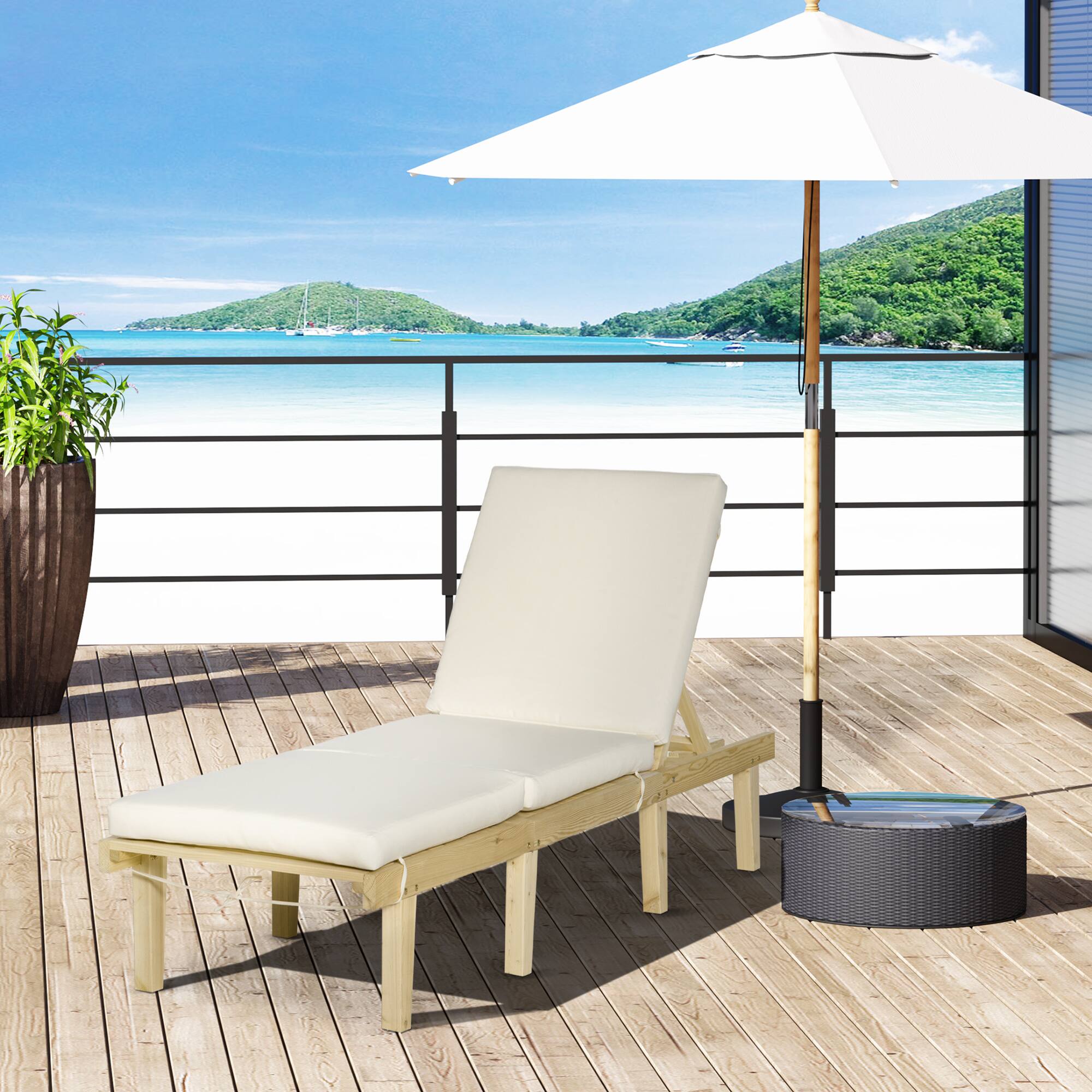 Alt View 1. Outsunny - Chaise Lounge Chair for Outdoor, Wood Outdoor Chaise Lounge with 4-Position Adjustable Backrest and Cushion - Natural Wood.