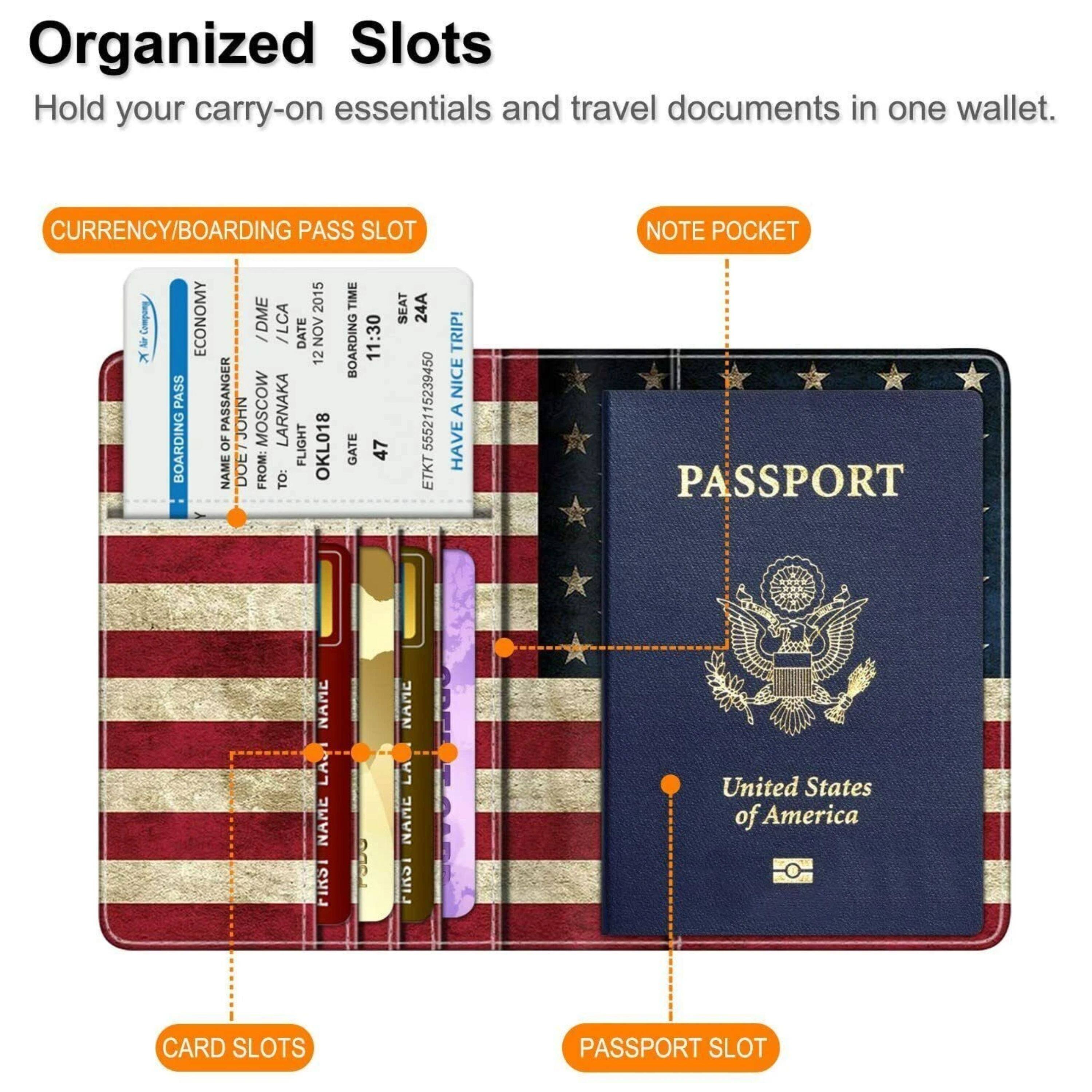 Organized Slots  
Hold your carry-on essentials and travel documents in one wallet.

CURRENCY/BOARDING PASS SLOT  
2015 TIME SEAT 24A  
Runder ECONOMY /DME /LCA  
DATE NOV 12  
BOARDING 11:30  
PASSANGER MOSCOW  
5552115239450  
FLIGHT OKL018  
BOARDING NAME DOE  
FROM: TO:  
GATE 47  
ETKT TRIP!  
HAVE A NICE TRIP!  

NOTE POCKET  

CARD SLOTS  

PASSPORT SLOT  
United States of America