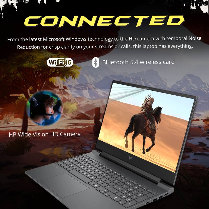 CONNECTED

From the latest Microsoft Windows technology to the HD camera with temporal Noise Reduction for crisp clarity on your streams or calls, this laptop has everything.

- Wi-Fi 6
- Bluetooth 5.4 wireless card
- HP Wide Vision HD Camera