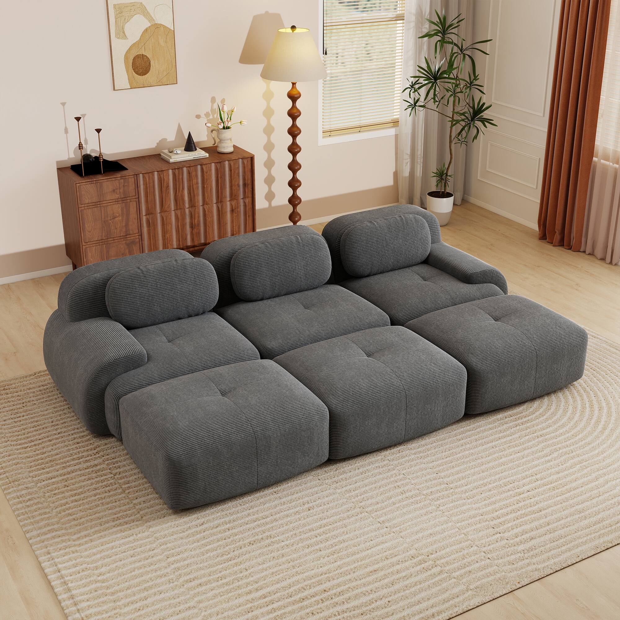 Front. Aukfa - 3 Seats + 3 Ottoman Modular Corduroy Sectional Sofa - Ergonomic Support, Pet Friendly, Easy Assembly, Non-Slip Base - Gray.
