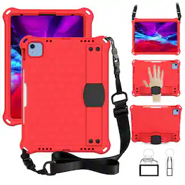 Dteck - For Apple iPad (A16) 11" 2025 2025 / 10th 2022 Rugged Kid Case Shockproof Safe EVA Hand Grip Cover With Crossbody Strap - Red