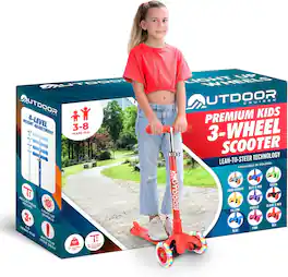Outdoor Cruiser - 3-Wheel Scooter – LED Wheels, 4-Level Adjustable Handle, for Kids Ages 3-8 - Red