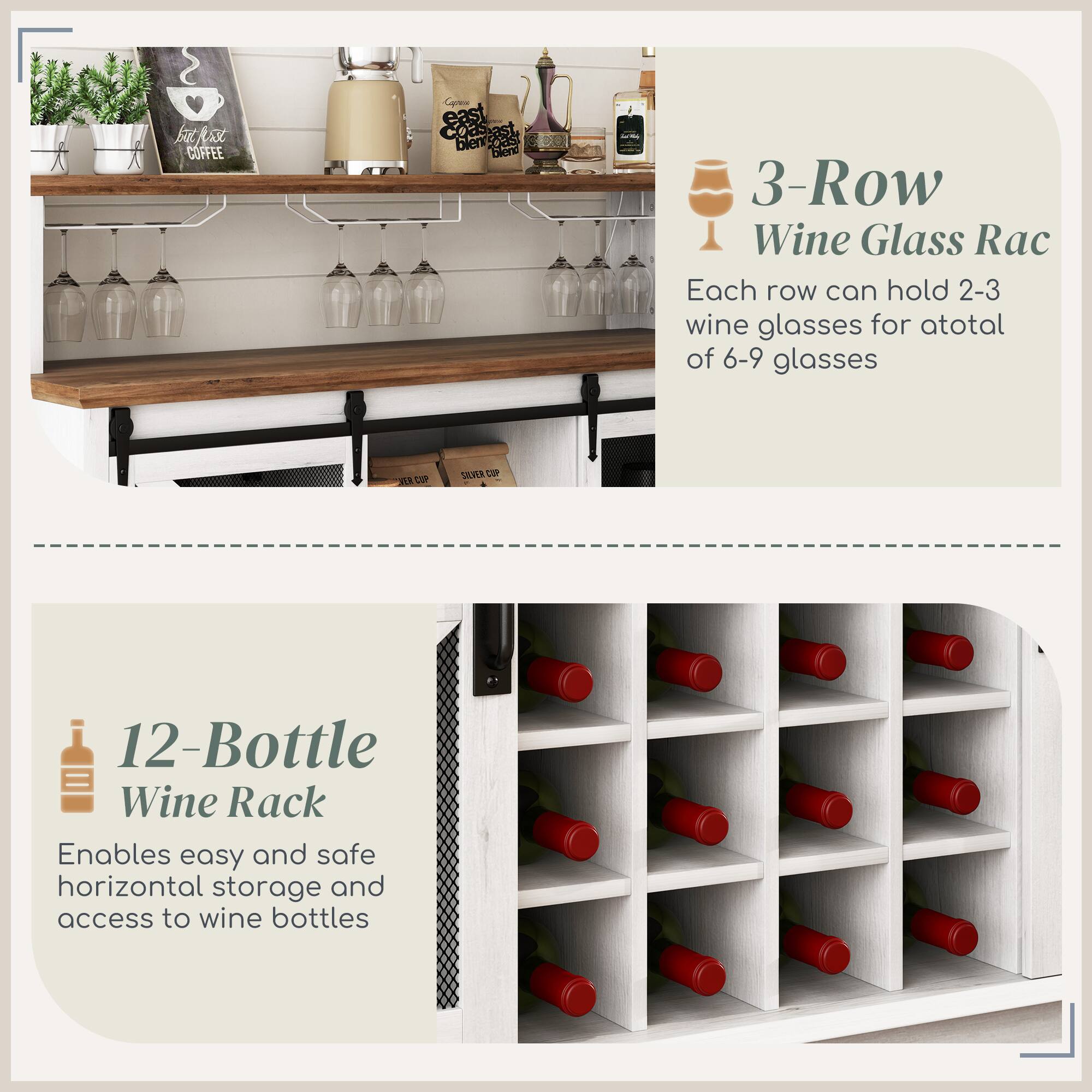 3-Row Wine Glass Rack
Each row can hold 2-3 wine glasses for a total of 6-9 glasses

12-Bottle Wine Rack
Enables easy and safe horizontal storage and access to wine bottles