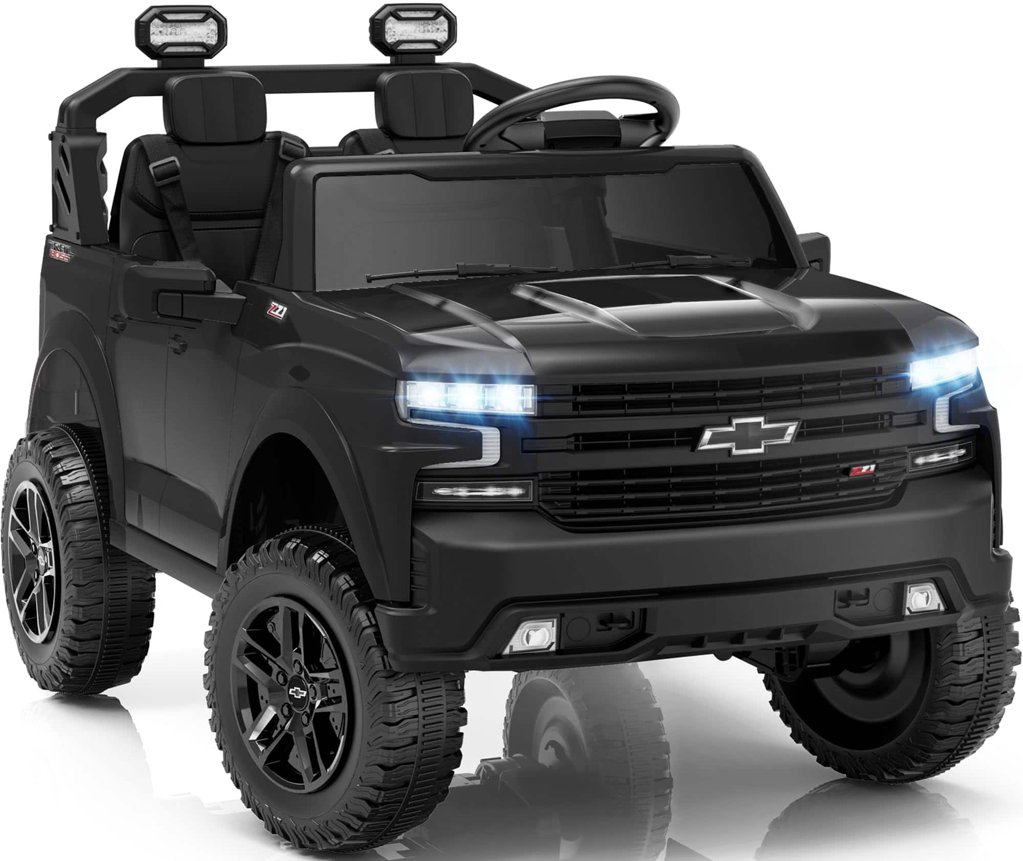 FIRST RIDE ON - 24V 2 Seater Ride on Car for Kids, Licensed Chevrolet Silverado Electric Car with Remote Control, Bluetooth, LED Lights - Black