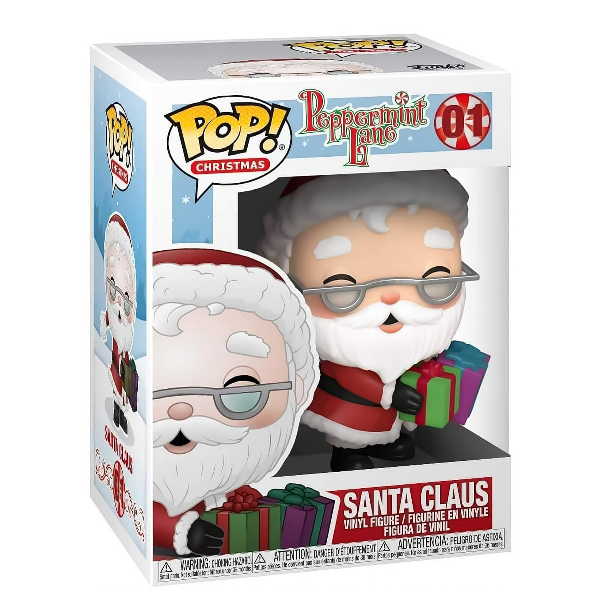 **Front:**
- POP! CHRISTMAS
- Peppermint Lane 01
- SANTA CLAUS
- VINYL FIGURE / FIGURINE EN VINYLE / FIGURA DE VINIL

**Side:**
- SANTA CLAUS
- WARNING: CHOKING HAZARD - Small parts. Not for children under 3 years. / ATTENTION: PELIGRO DE ASFIXIA - Piezas pequeñas. No es adecuado para menores de 3 años. / AVERTISSEMENT: PELIGRE DE TOUFFEMENT - Petits pièces. Ne convient pas aux enfants de moins de 3 ans.

**Top:**
- POP! CHRISTMAS
- Peppermint Lane 01

**Bottom:**
- WARNING: CHOKING HAZARD - Small parts. Not for children under 3 years. / ATTENTION: PELIGRO DE ASFIXIA - Piezas pequeñas. No es adecuado para menores de 3 años. / AVERTISSEMENT: PELIGRE DE TOUFFEMENT - Petits pièces. Ne convient pas aux enfants de moins de 3 ans.