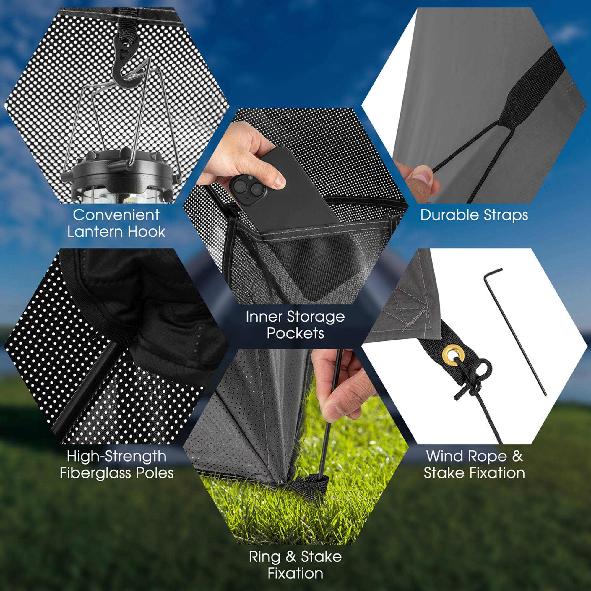 Convenient Lantern Hook Durable Straps Inner Storage Pockets High-Strength Fiberglass Poles Wind Rope & Stake Fixation Ring & Stake Fixation