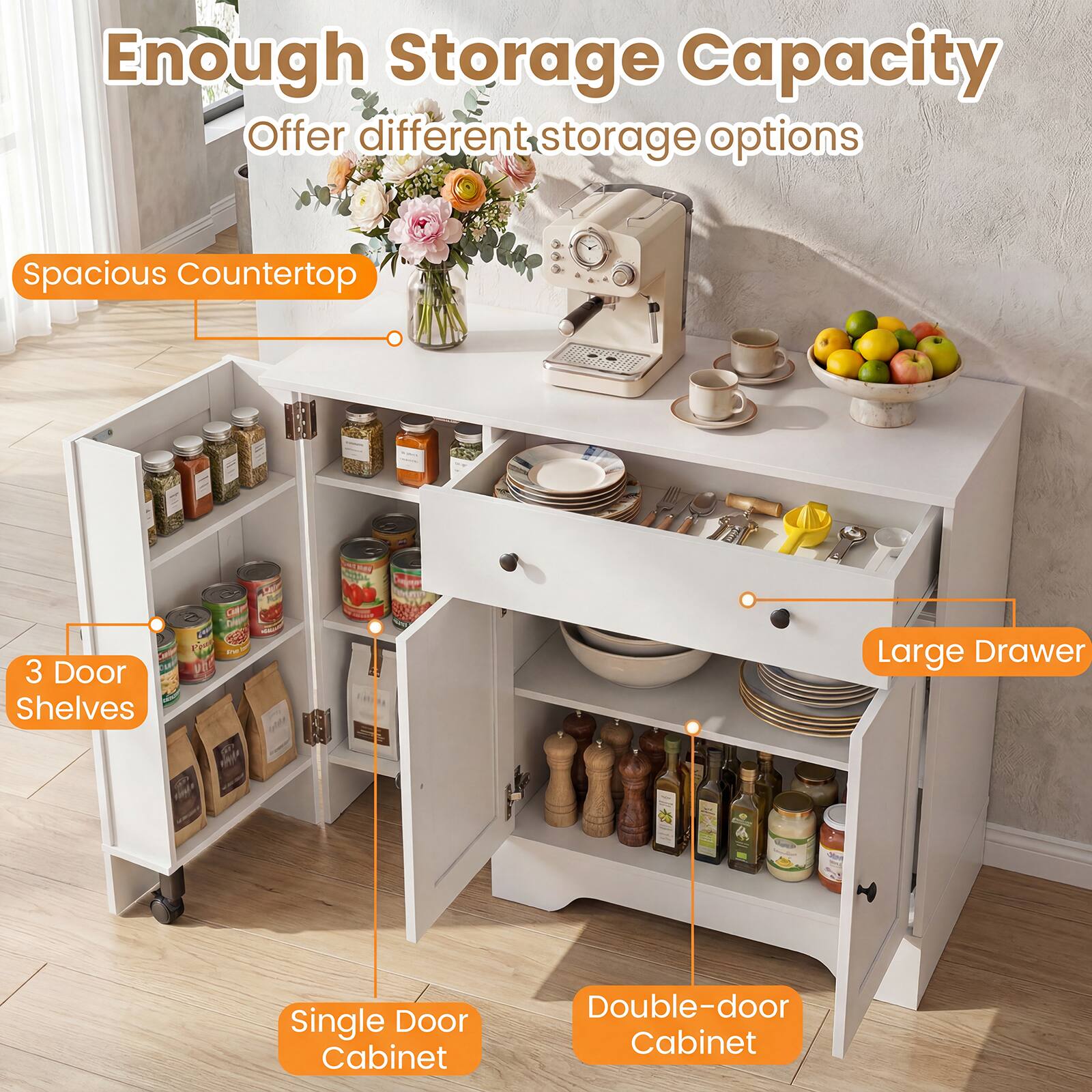 Enough Storage Capacity  
Offer different storage options  
Spacious Countertop  
3 Door Shelves  
Single Door Cabinet  
Double-door Cabinet  
Large Drawer