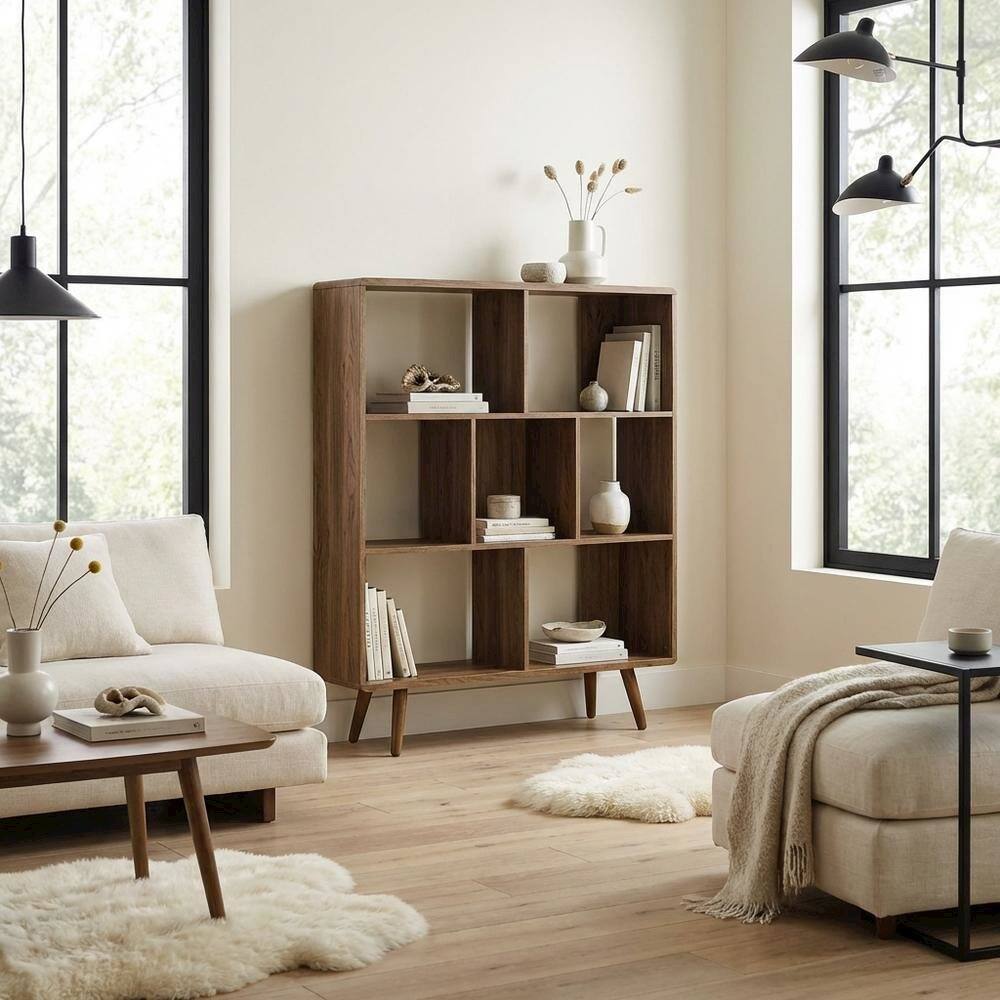 Angle. FurniFact - Wood Grain Bookcase with 7 Shelves for Living Room Storage - Brown.