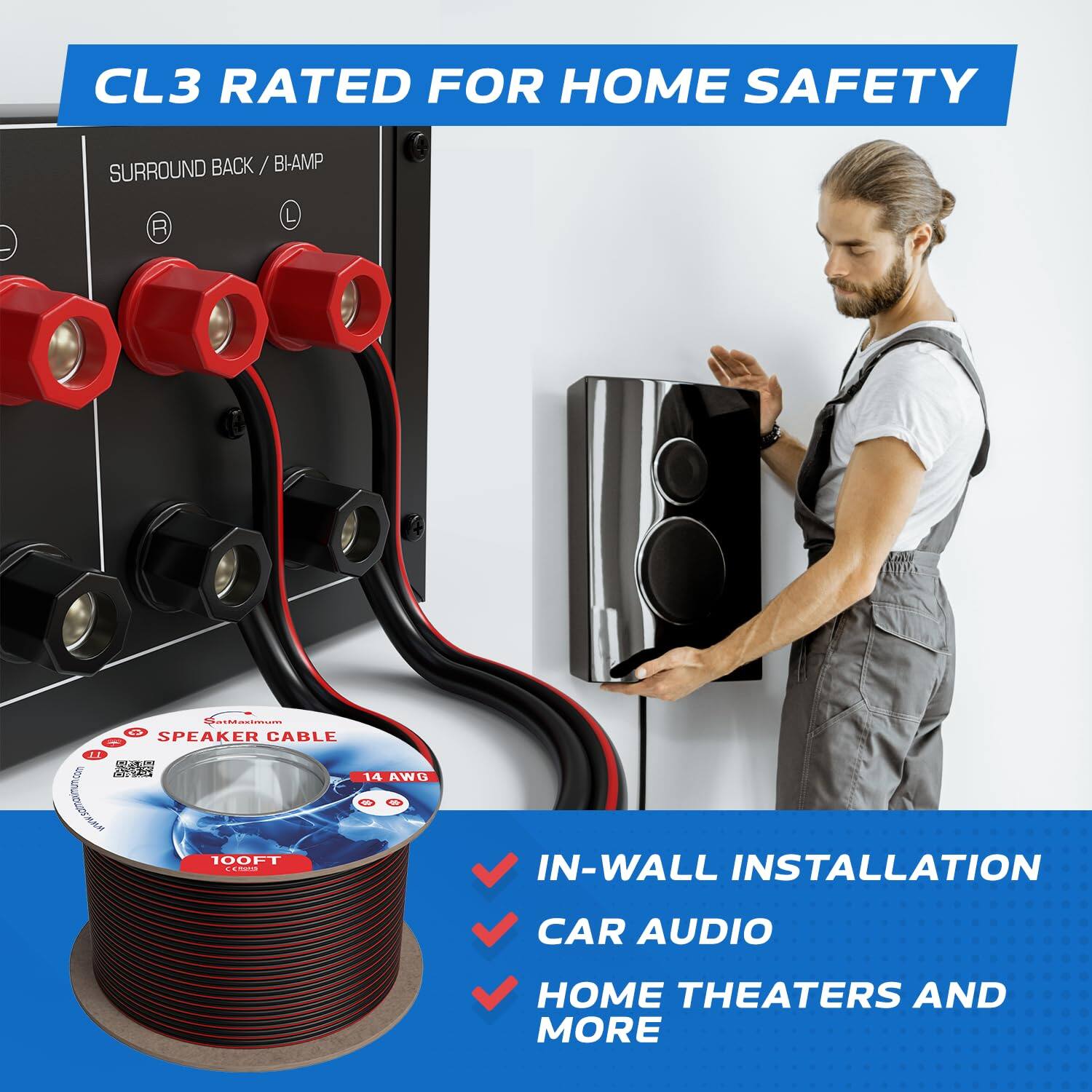 CL3 RATED FOR HOME SAFETY

SURROUND BACK / BI-AMP

SPEAKER CABLE

14 AWG

100FT

IN-WALL INSTALLATION

CAR AUDIO

HOME THEATERS AND MORE
