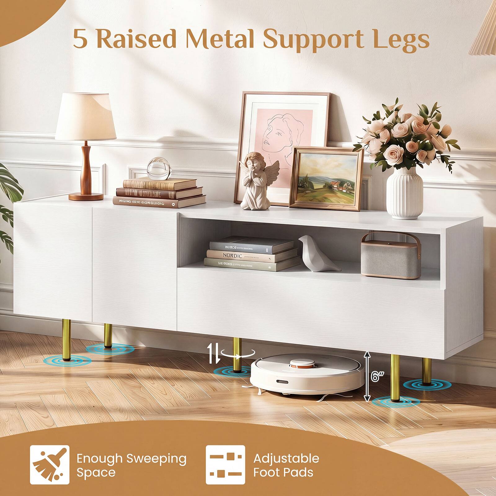 5 Raised Metal Support Legs

Enough Sweeping Space

Adjustable Foot Pads