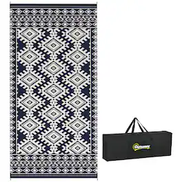 Outsunny - Outdoor Rug for Patio, 9' x 18' Waterproof Large Mat, Reversible Plastic Straw Rug for Décor - Blue and White Rhombus Border