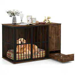 Gymax - 47 5''Dog Crate End Table w/ Hidden Bowls & Storage Chew-Resistant Metal Frame