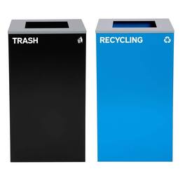 Alpine Industries - 29 Gallon Steel Open Top Recycling and Trash Can Receptacle Set, 2-Pack - Black; Blue