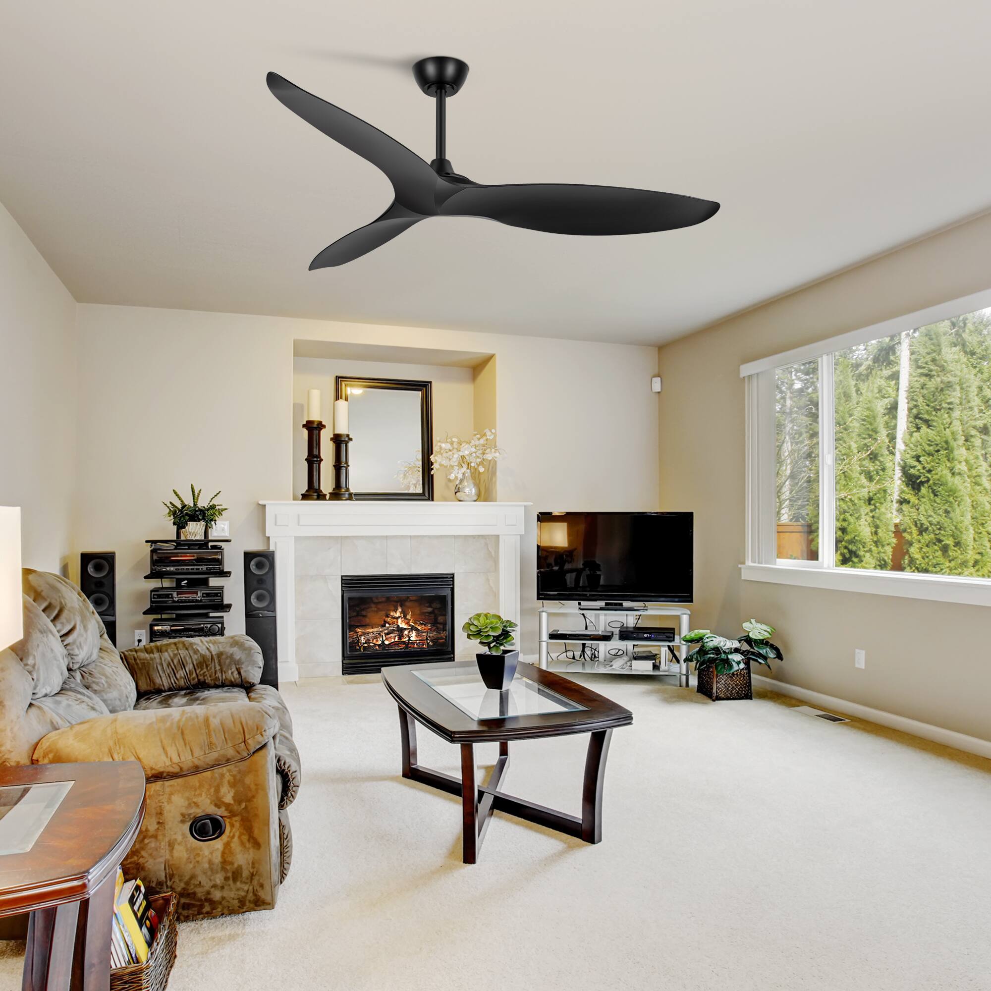 Alt View 1. Breezary - 56-Inch Indoor Ceiling Fan with 3 ABS Blades, 5’’ & 10’’ Downrods,  Reversible DC Motor, 6-Speed Remote Control - Matte Black.