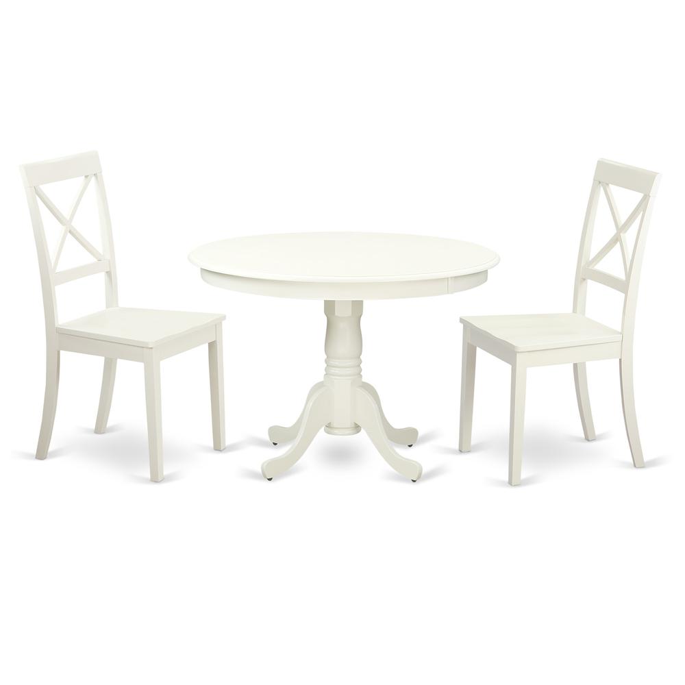 Back. East West Furniture - 3 Pc set with a Round Table and 2 Wood Dinette Chairs in Linen White - Linen White.
