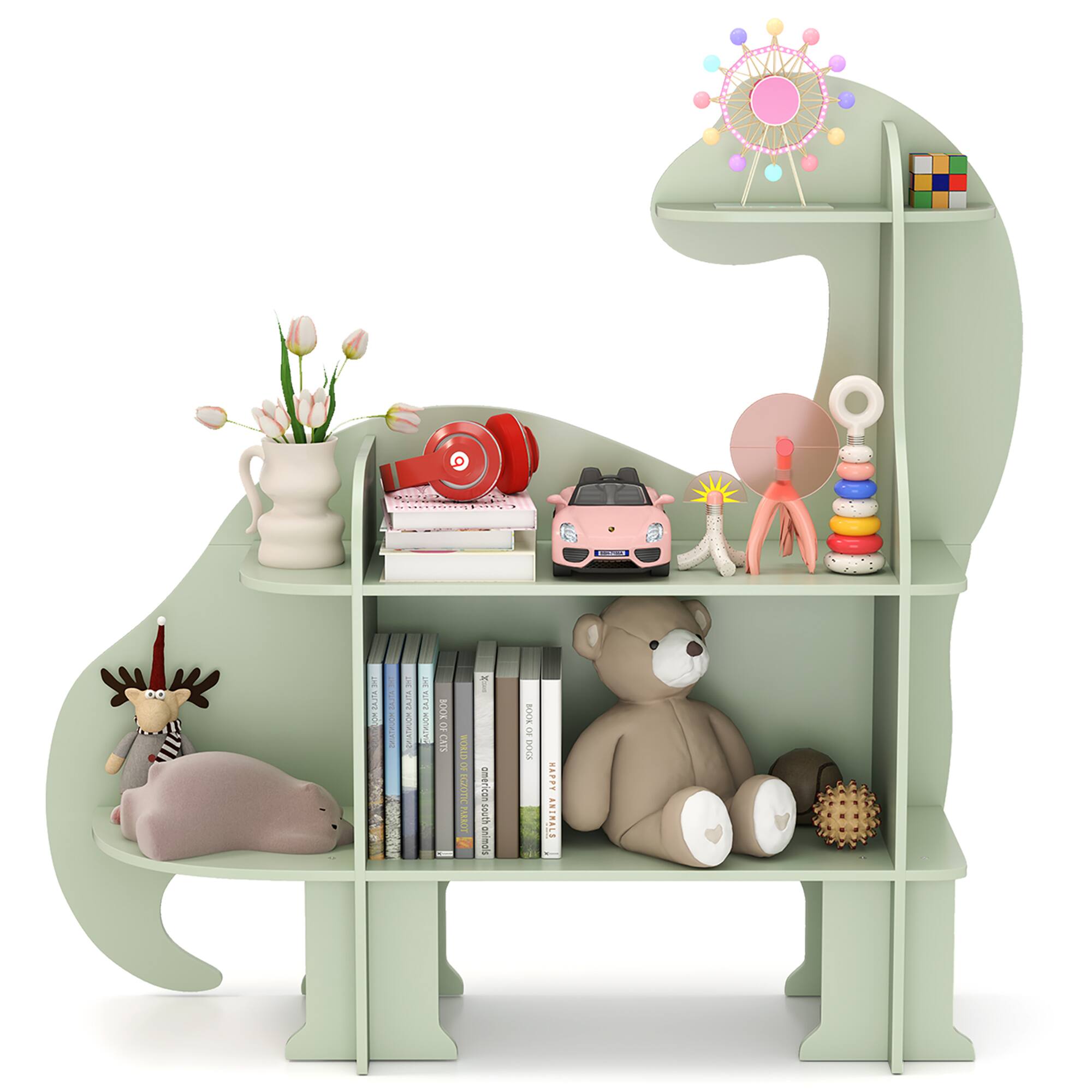 Gymax - 3-Tier Dinosaur Kids Bookshelf Toy Storage Organizer Montessori Book Shelf - Green