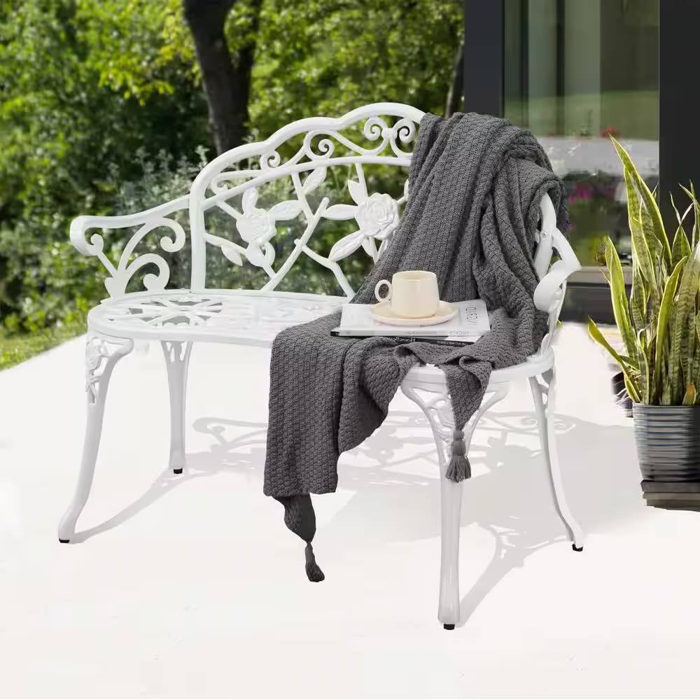 Angle. Hivvago - Outdoor Patio 39-inch Garden Bench with Backrest in White Metal Finish - White.