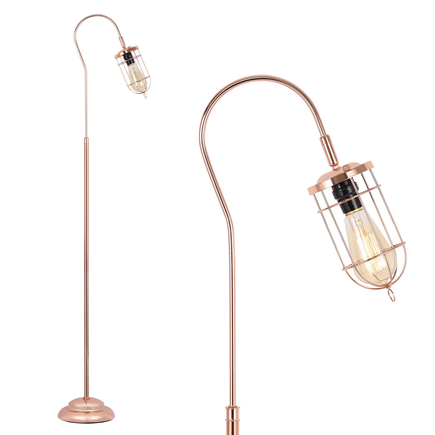 Front. Oumilen - 62.2" Industrial Copper Floor Lamp with Adjustable Gooseneck & Cage Shade.