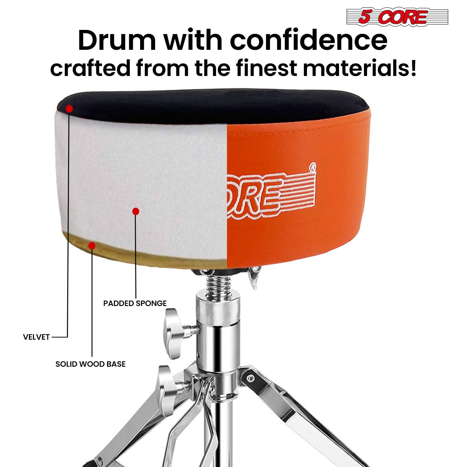 5 CORE  
Drum with confidence crafted from the finest materials!  

- VELVET  
- PADDED SPONGE  
- SOLID WOOD BASE