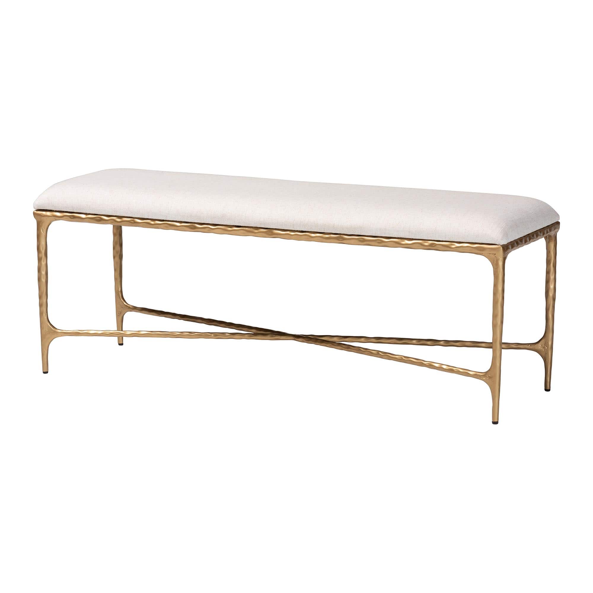 Baxton Studio - Fumiye Bench - Modern Rustic Accent Seating with Hand-Forged Metal Frame and Upholstered Cushion - Ivory/Gold