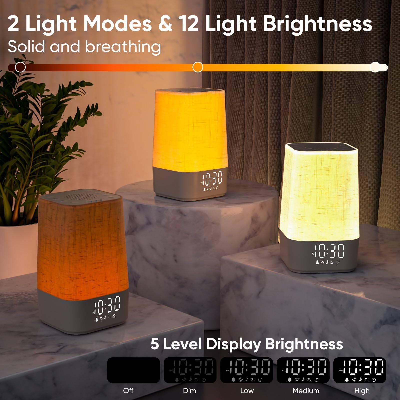 2 Light Modes & 12 Light Brightness  
Solid and breathing  

5 Level Display Brightness  
Off Dim Low Medium High
