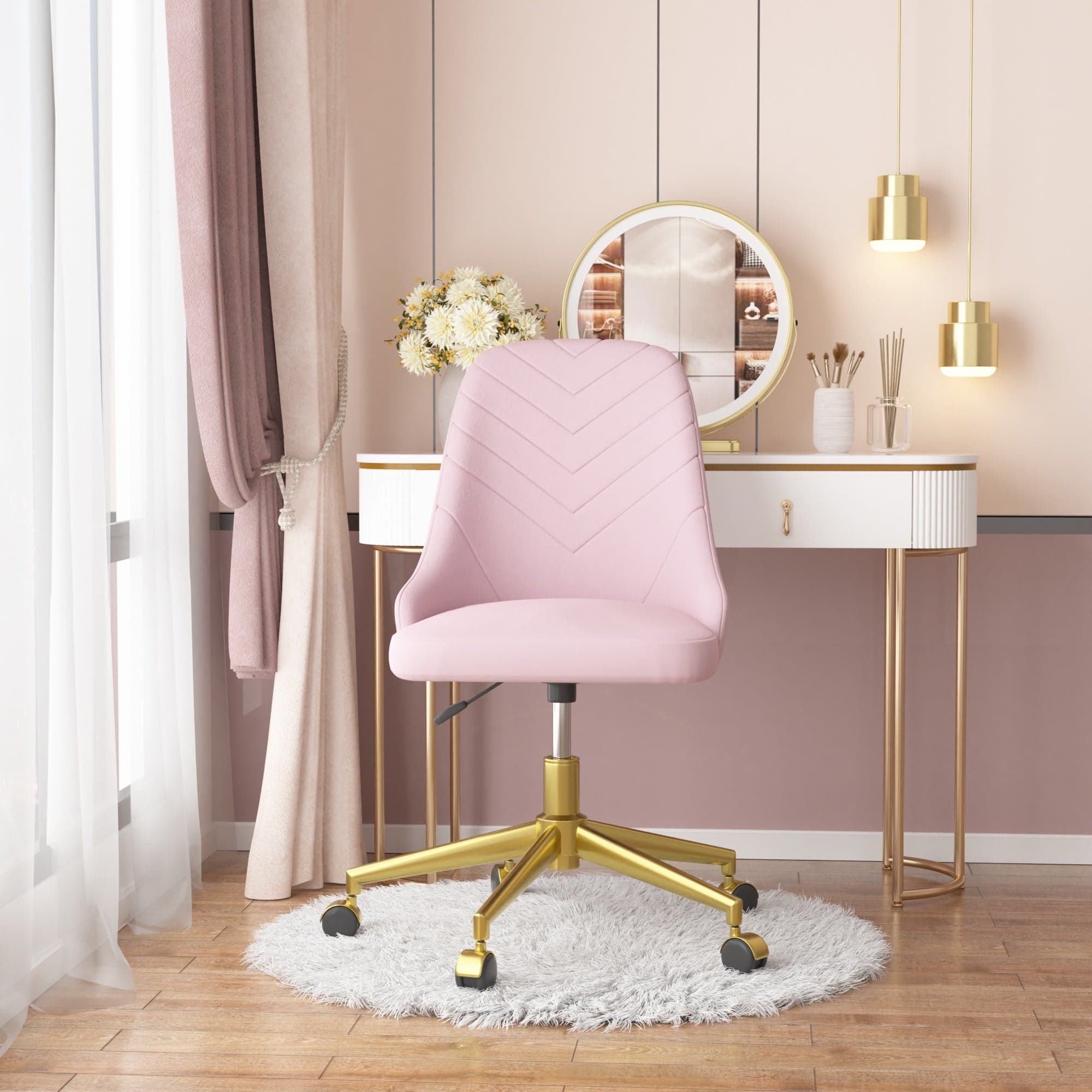Vecelo - Velvet Swivel Accent Chair with Adjustable Height - 360° Rotating Office Desk Chair & Vanity Stool - Pink