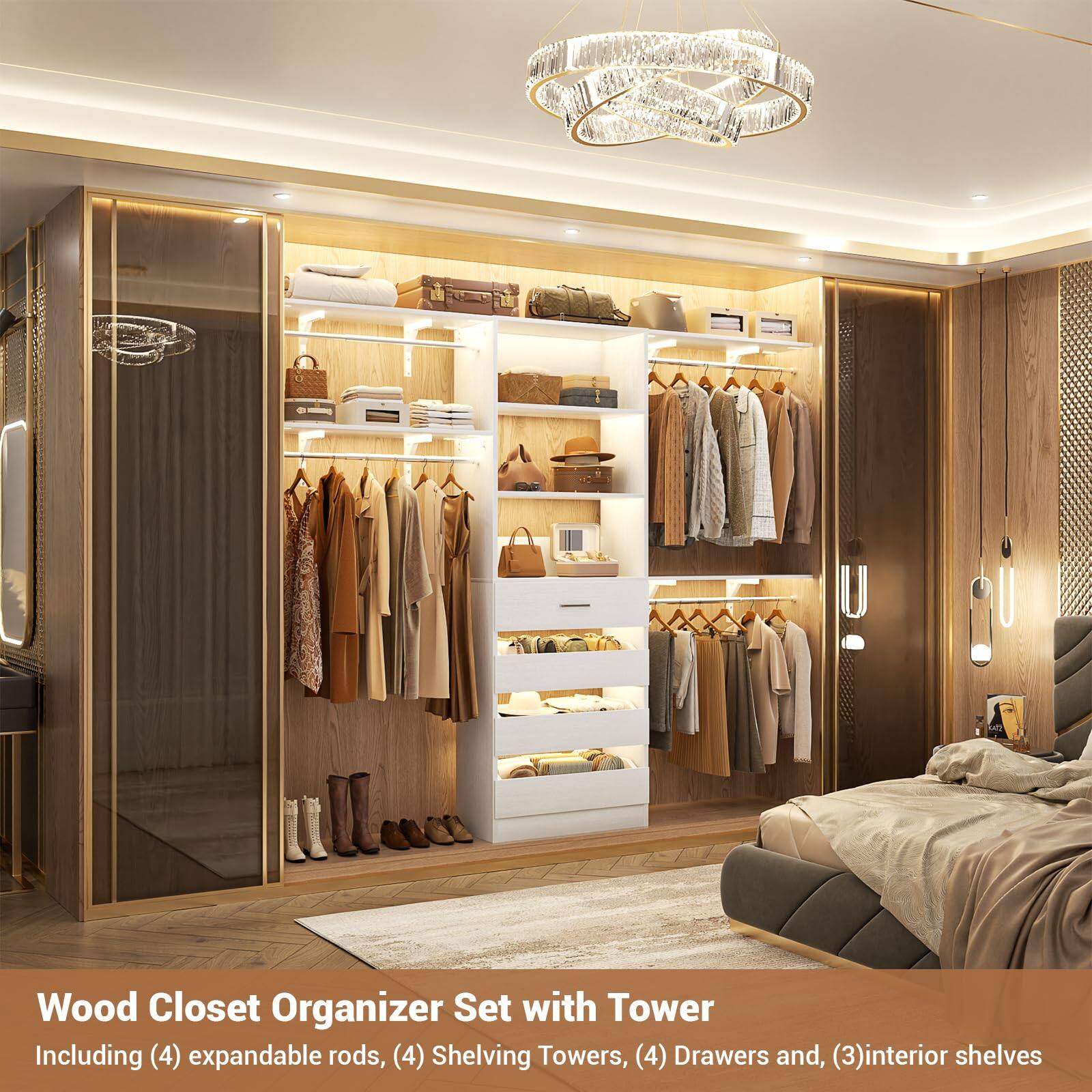 Wood Closet Organizer Set with Tower  
Including (4) expandable rods, (4) Shelving Towers, (4) Drawers and, (3) interior shelves