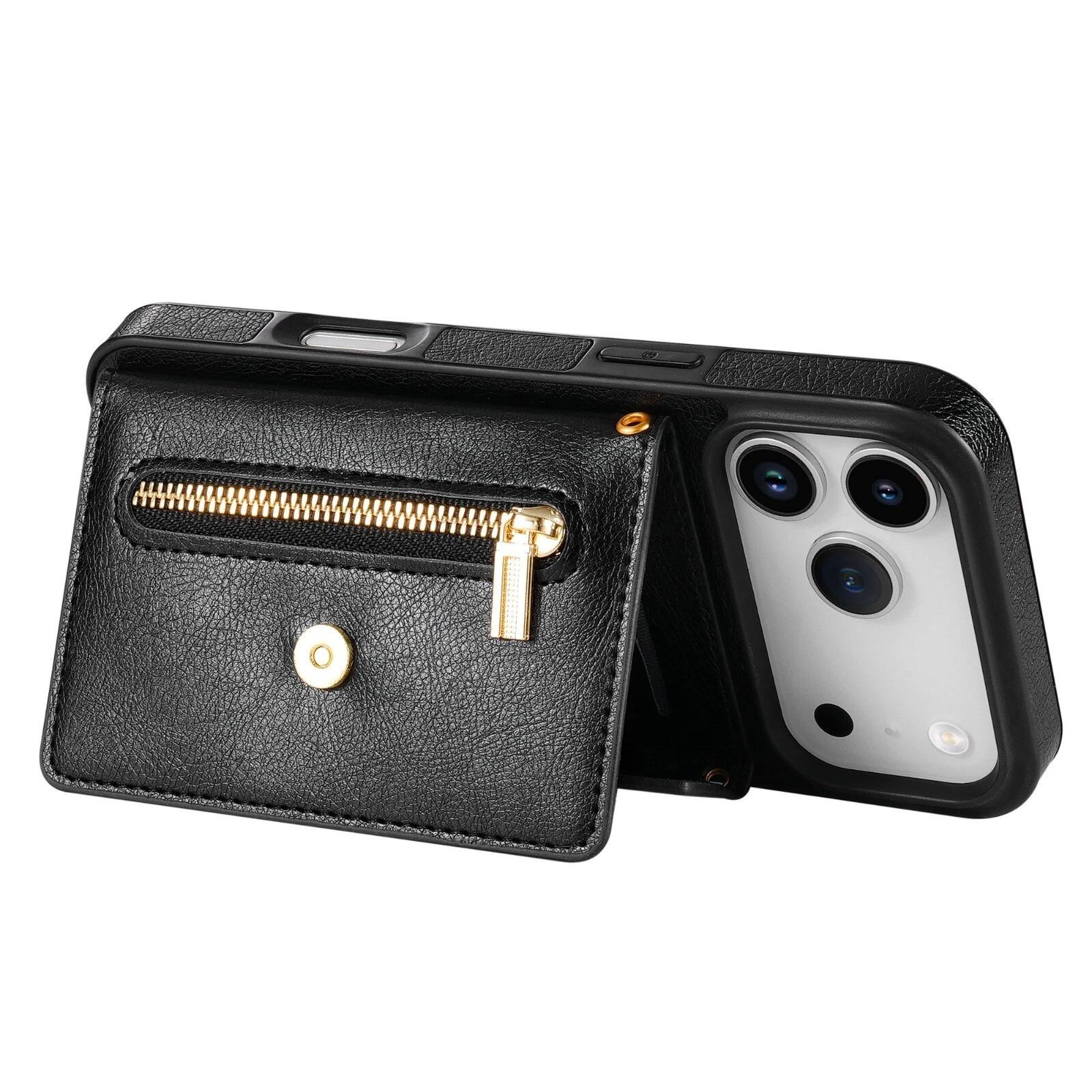 Alt View 4. UUCOVER - Wallet Case for Apple iPhone 17 Pro Max with Card Slots Holder, Zipper Pocket and Shoulder Strap, Flip Kickstand Cover - Black.